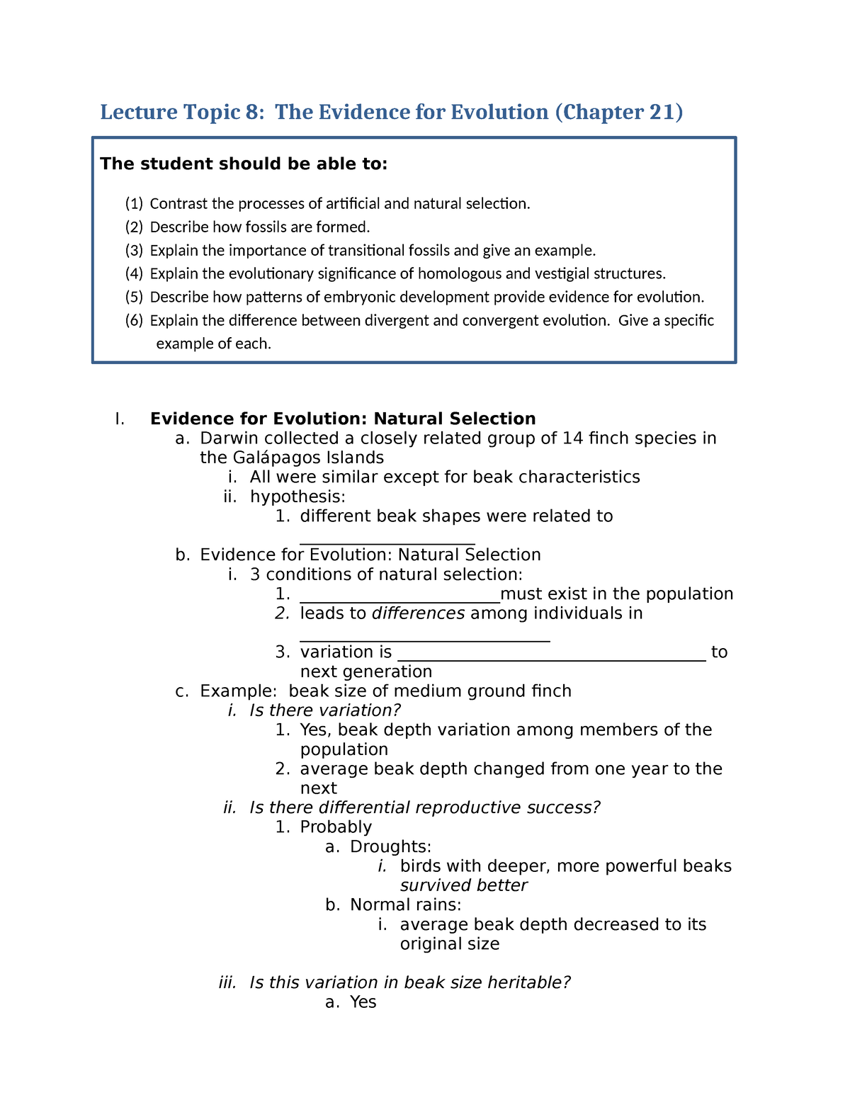 Lecture Topic 8-Evidencefor Evolution - Lecture Topic 8: The Evidence ...