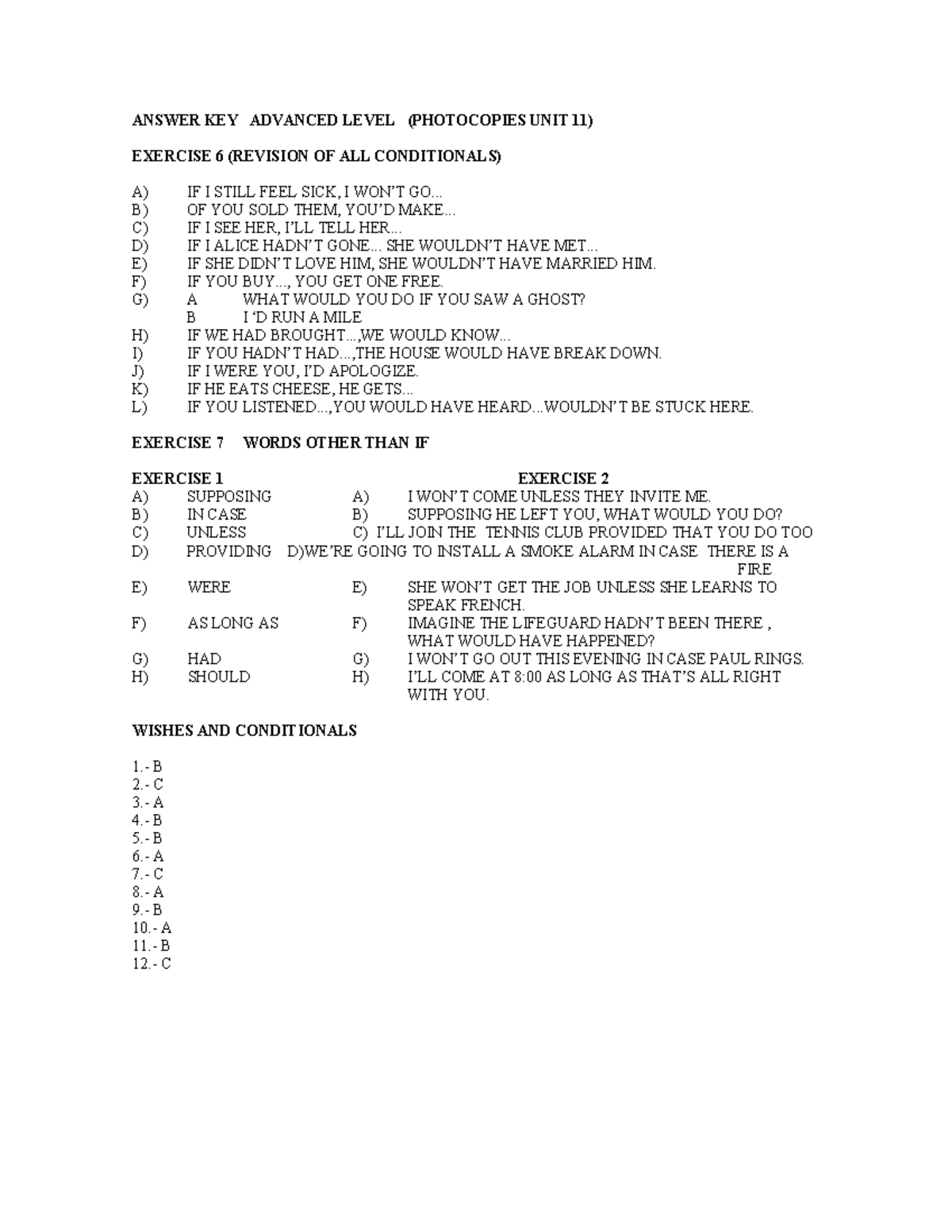 Answer KEY Ll EVEL 4 UNIT 11 Conditionals - ANSWER KEY ADVANCED LEVEL ...