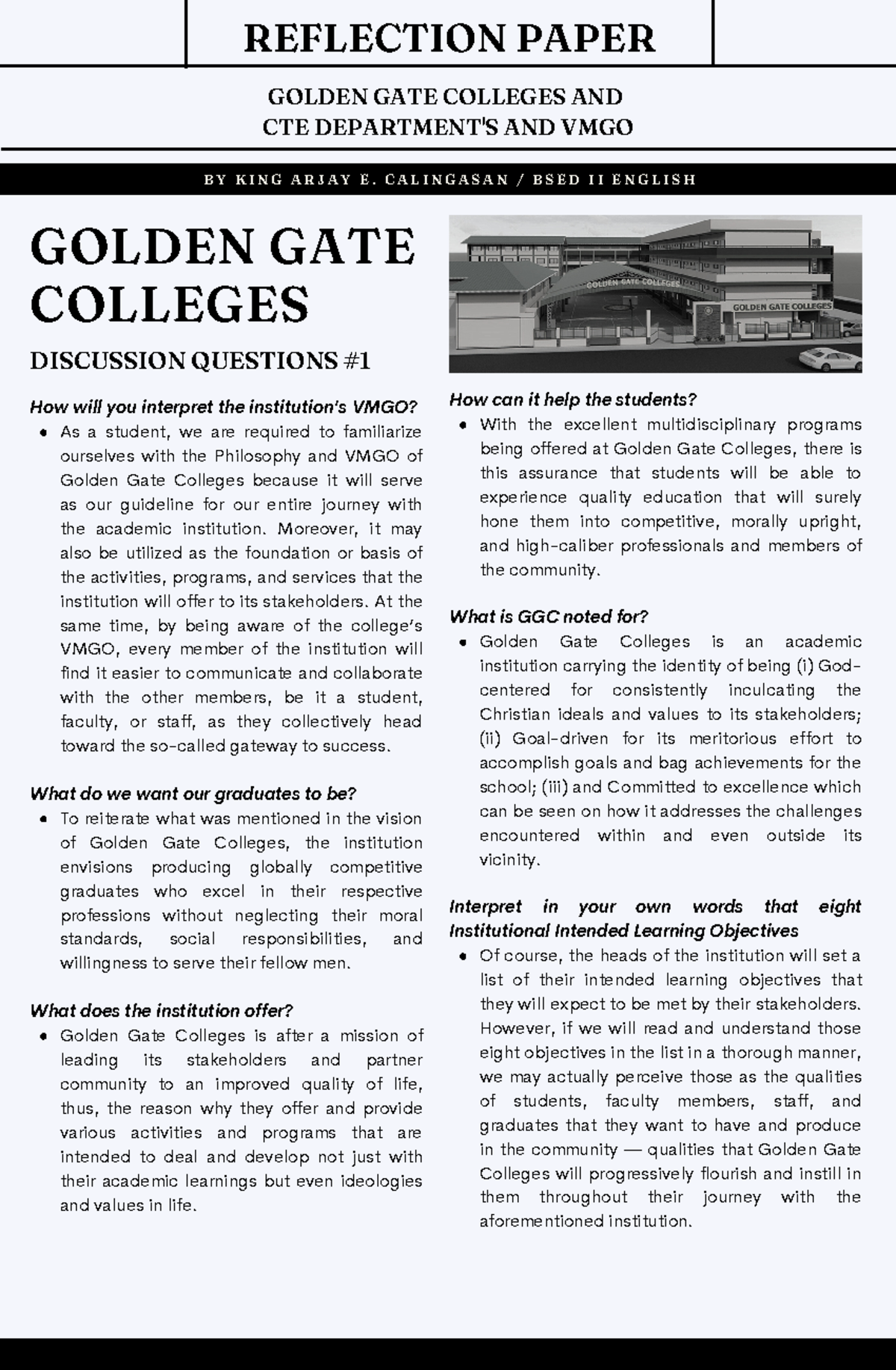 Calingasan King Arjay The Teaching Profession (Reflection Paper) GOLDEN GATE COLLEGES AND