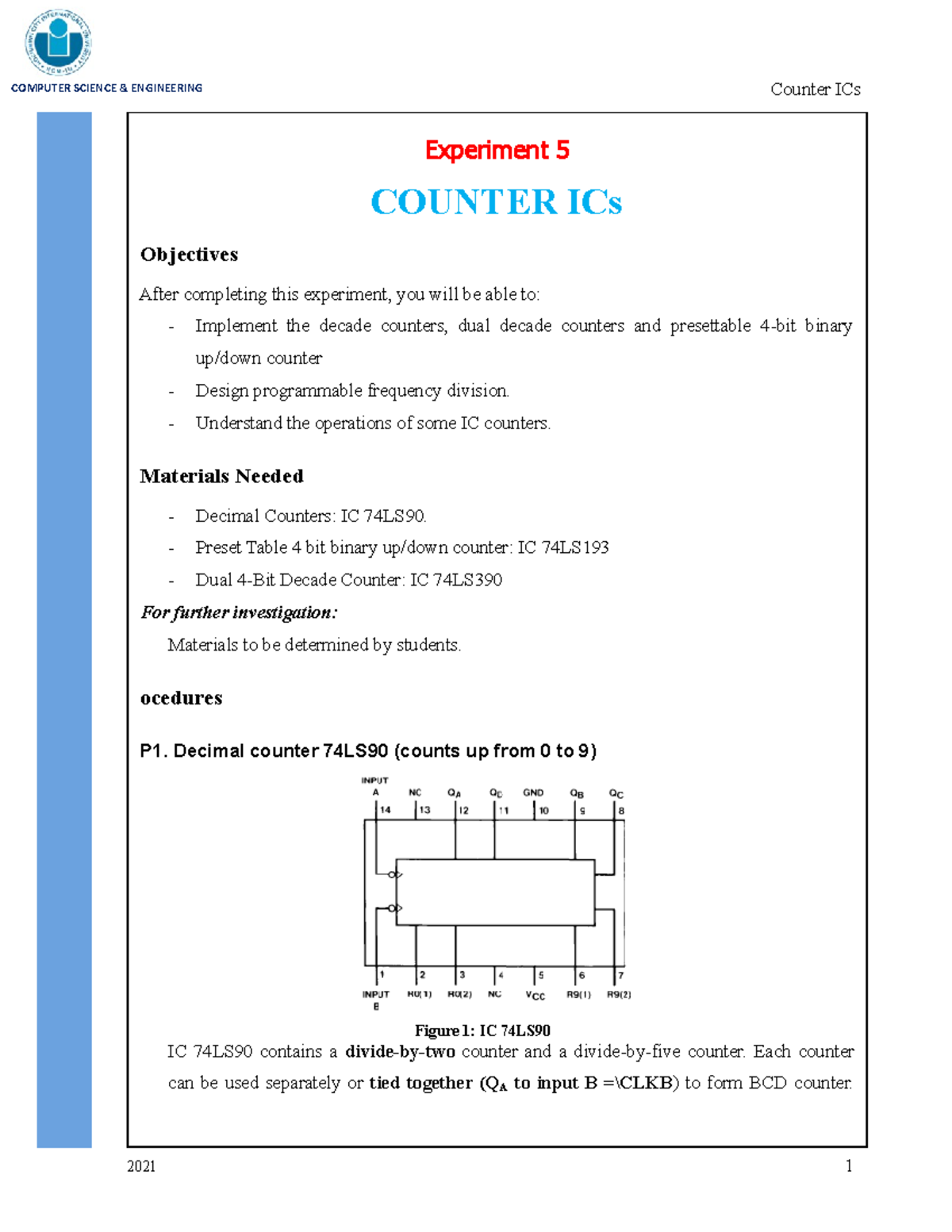 DLD LAB experiment 5 2021 Report black - Experiment 5 COUNTER ICs ...