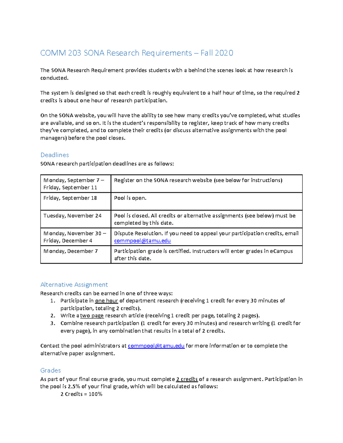 COMM 203 SONA Research Requirements Final The system is designed so that each credit is
