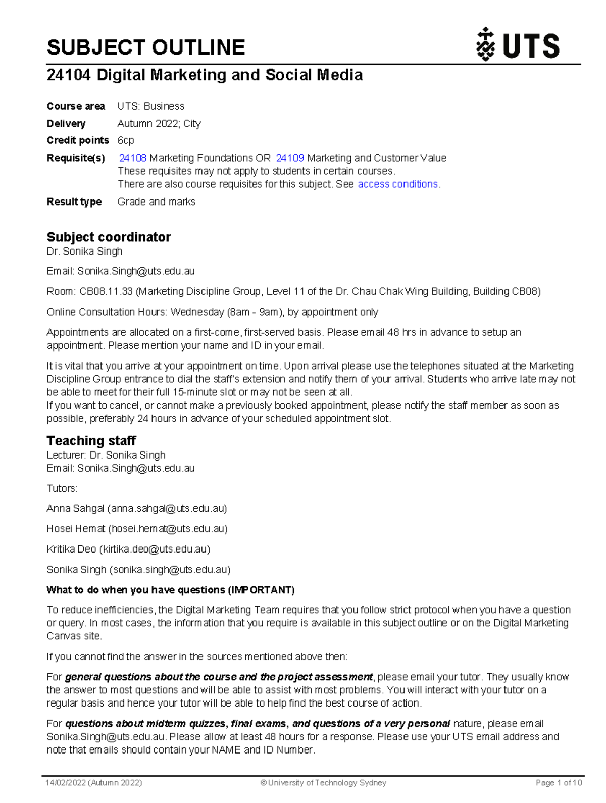 Digital and Social Media Marketing SUBJECT OUTLINE 24104 Digital