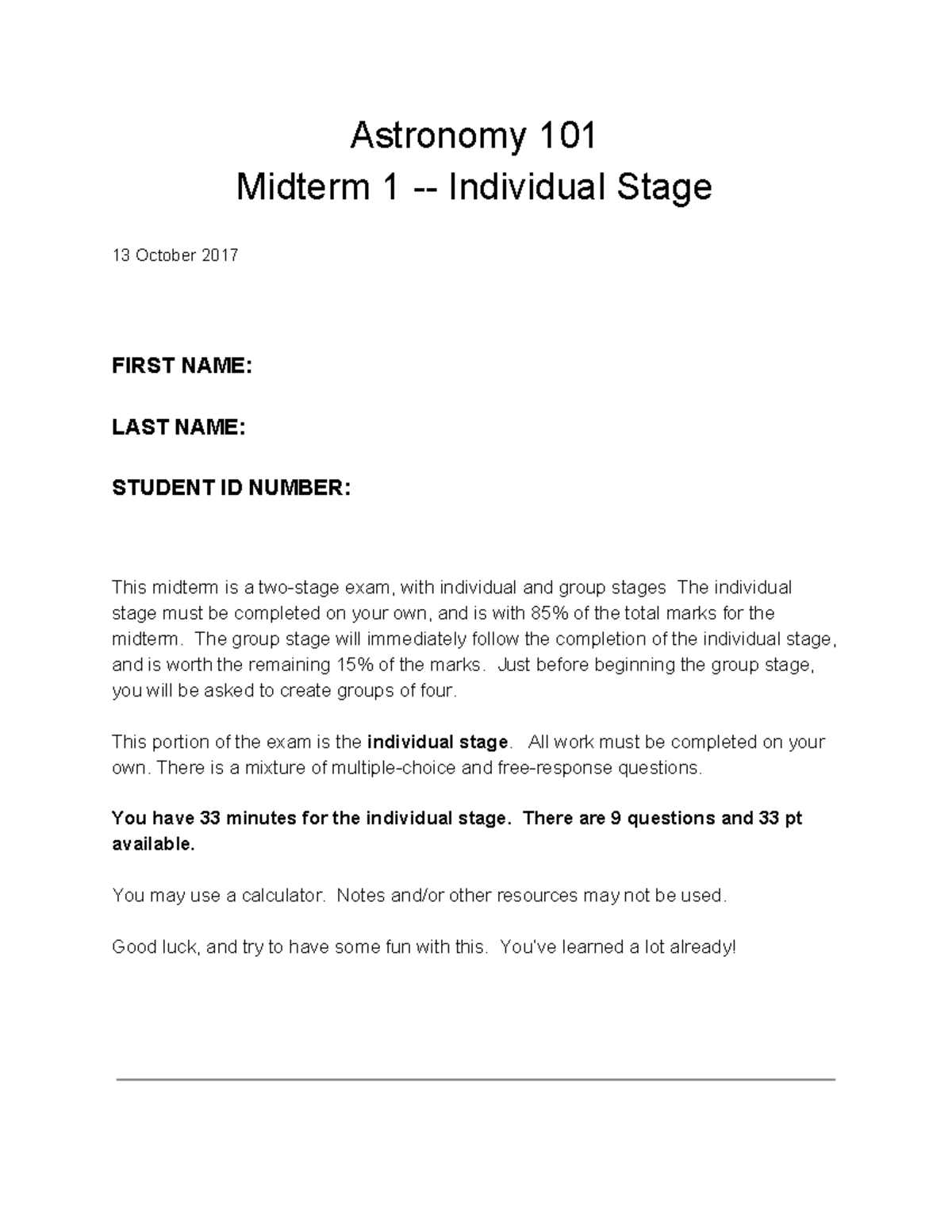 2017 Practice Final With Answers W1 - Astronomy 101 Midterm 1 ...