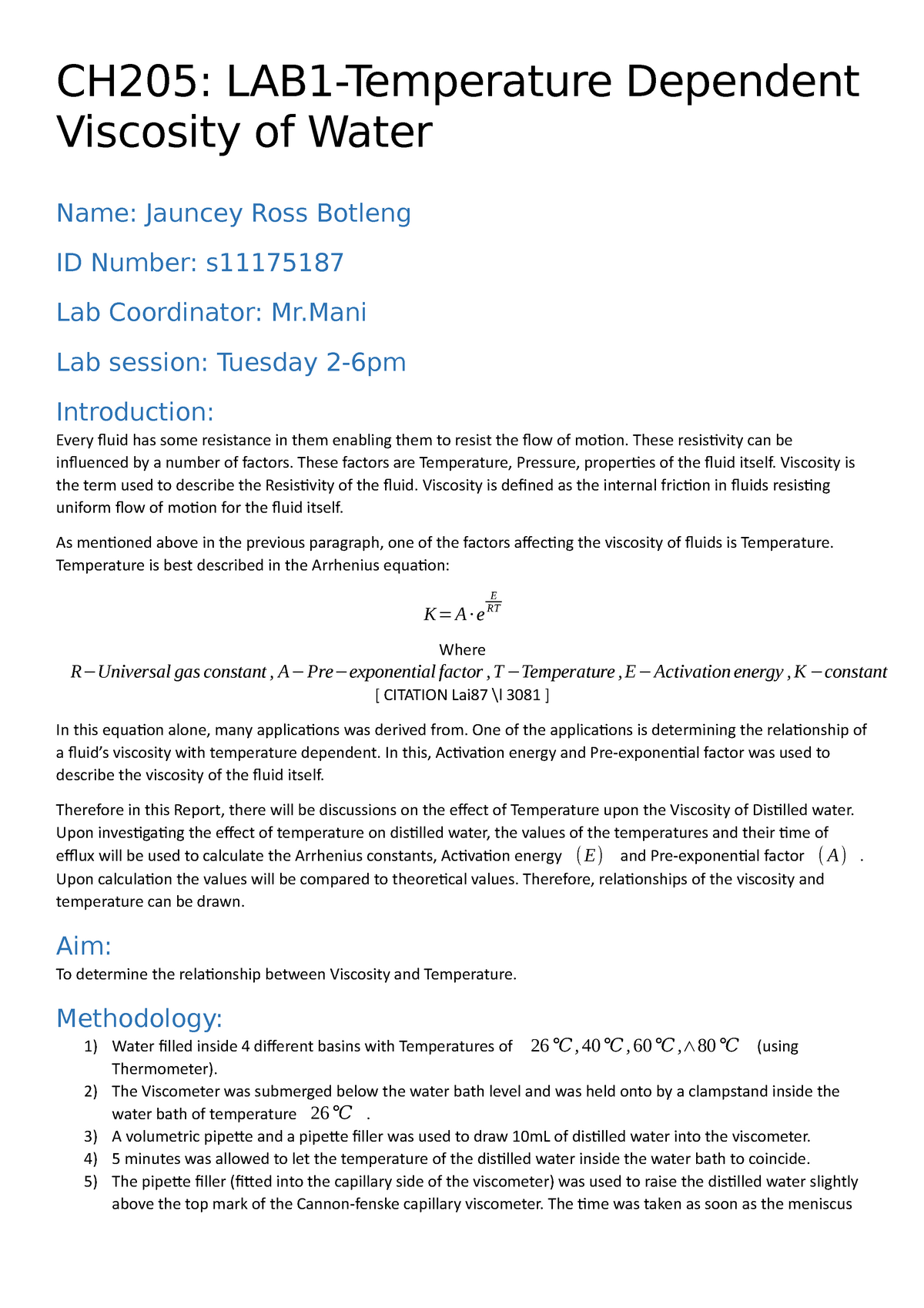 viscosity of water experiment lab report