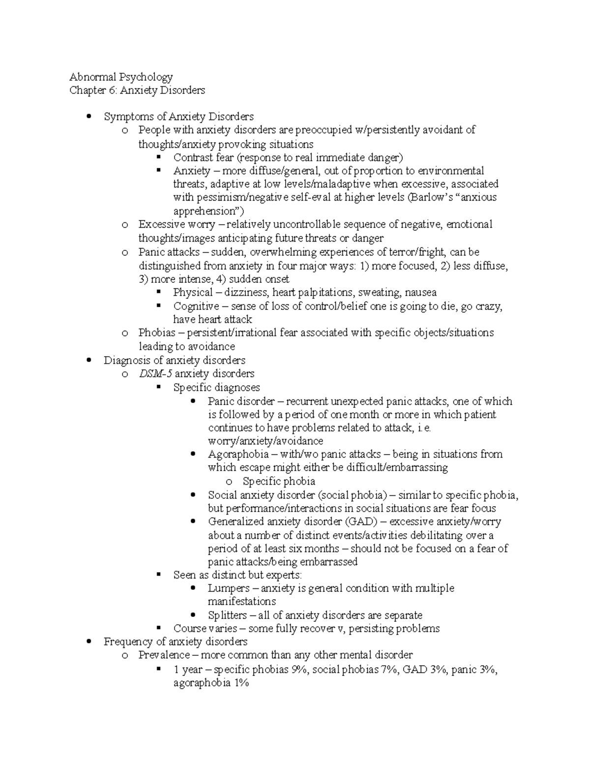 Ch 6 Anxiety Disorders - Lecture Notes 6 - Abnormal Psychology Chapter ...