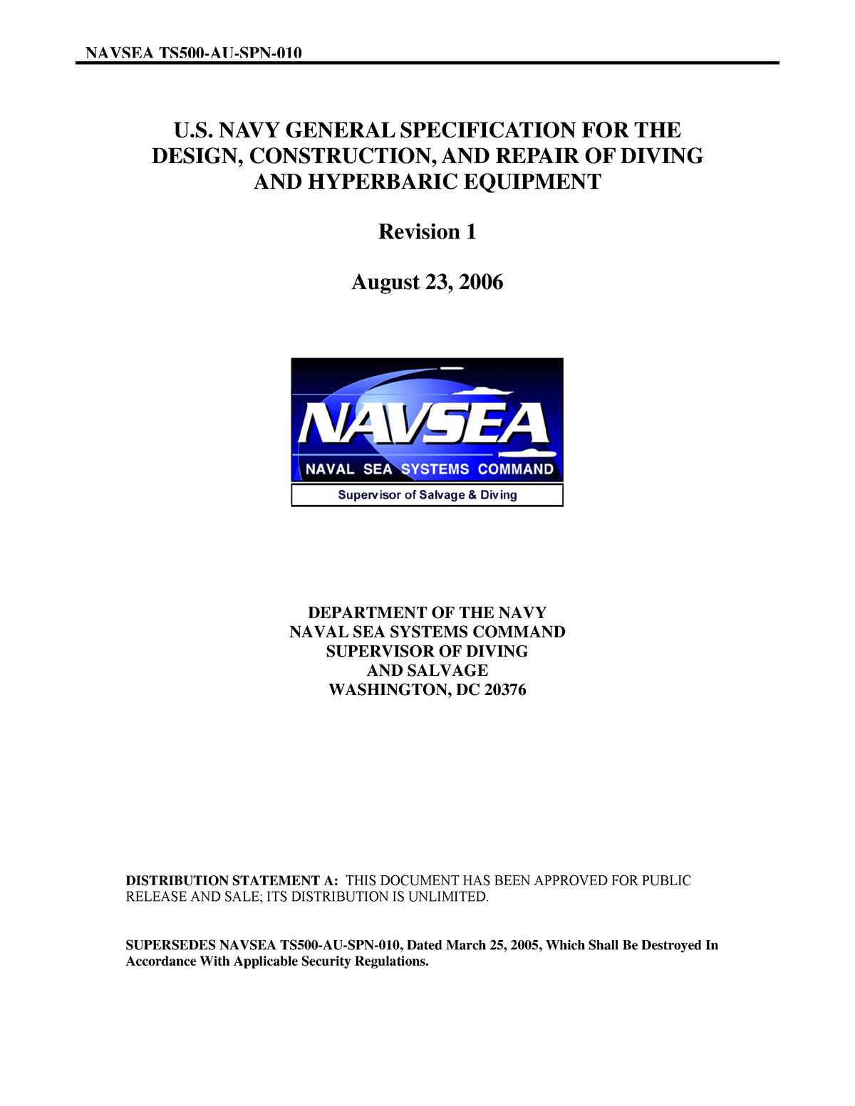 Divers Tech Manual - Dfhsd - NAVSEA TS500-AU-SPN- 010 U. NAVY GENERAL ...