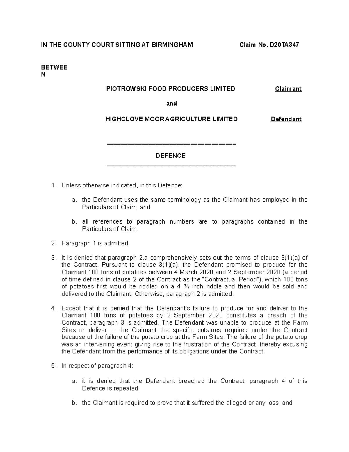 Defence - In The County Court Sitting At Birmingham Claim No. D20ta 