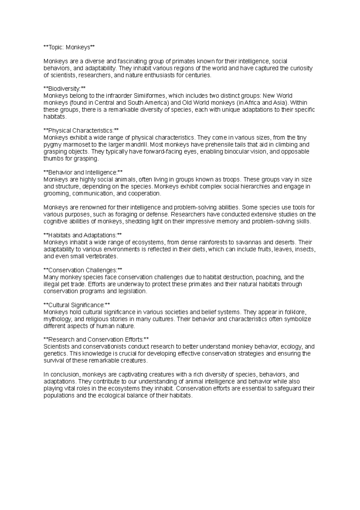 Codes 920604831 - Handout - Topic: Monkeys Monkeys are a diverse and ...