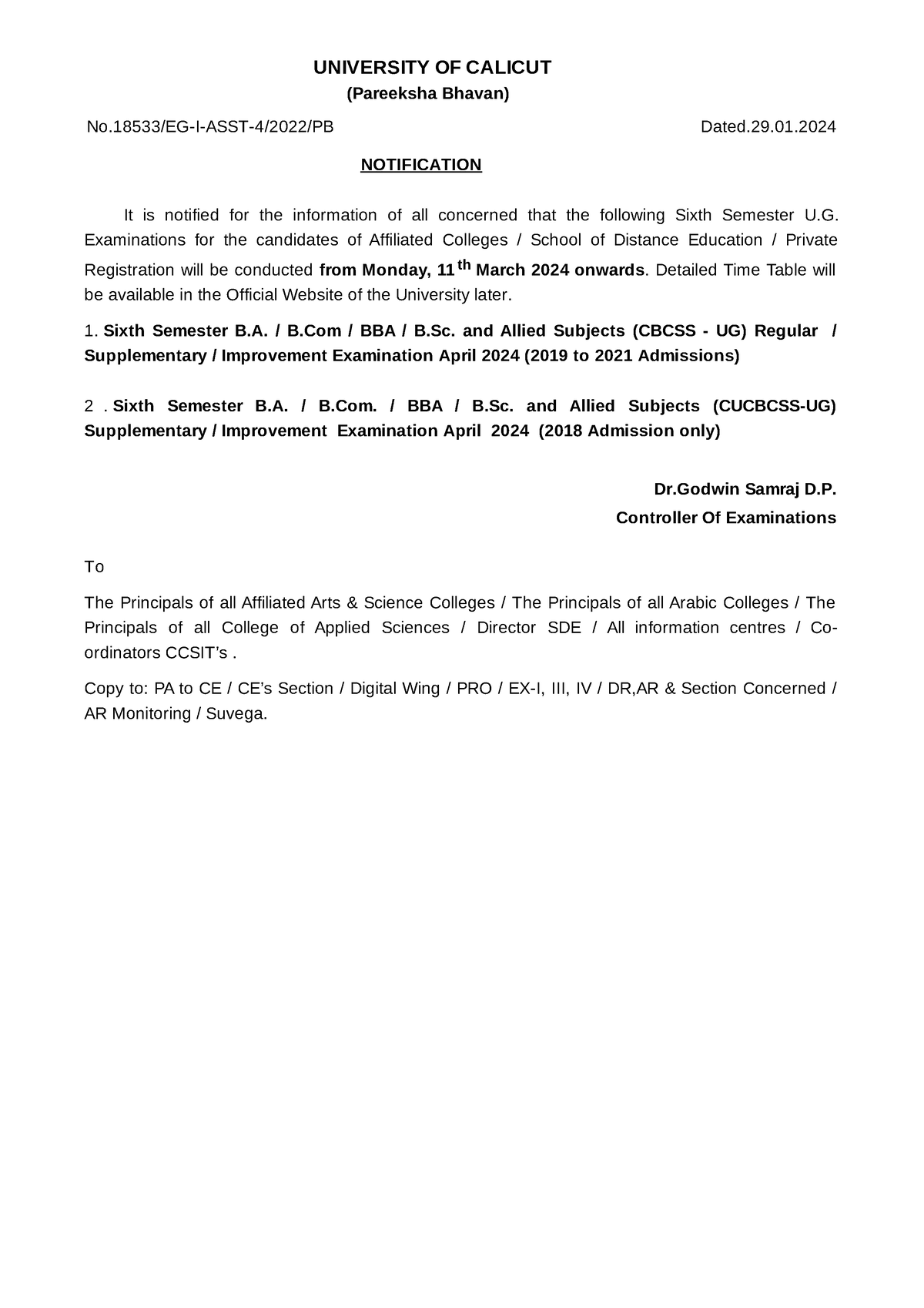 Sixth Semester - Dr Samraj D. Controller Of Examinations UNIVERSITY OF ...