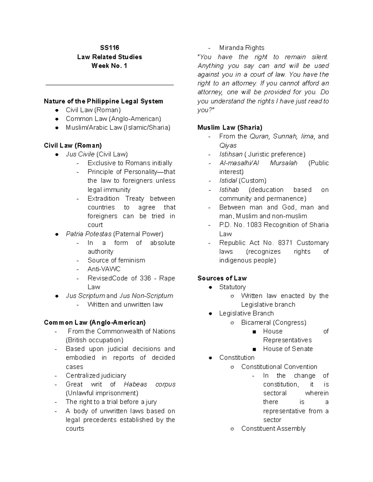 WK1 Notes SS116 SS Law Related Studies Week No. 1 Nature of the