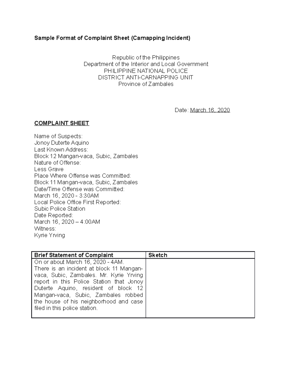 Sample Format of Complaint Sheet Carnapping Incident E1 - Sample Format ...