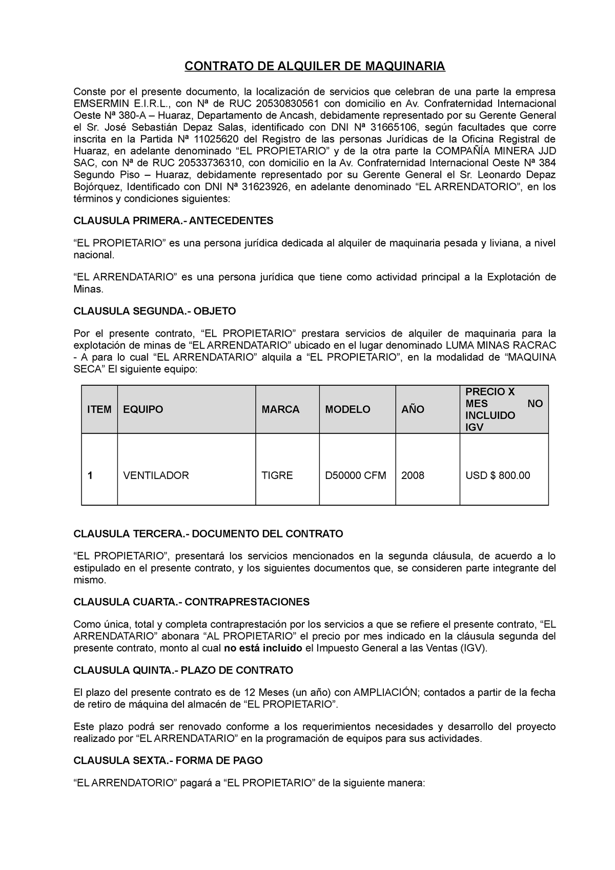 Contrato DE Alquiler DE Maquinaria 2016 - CONTRATO DE ALQUILER DE MAQUINARIA  Conste por el presente - Studocu