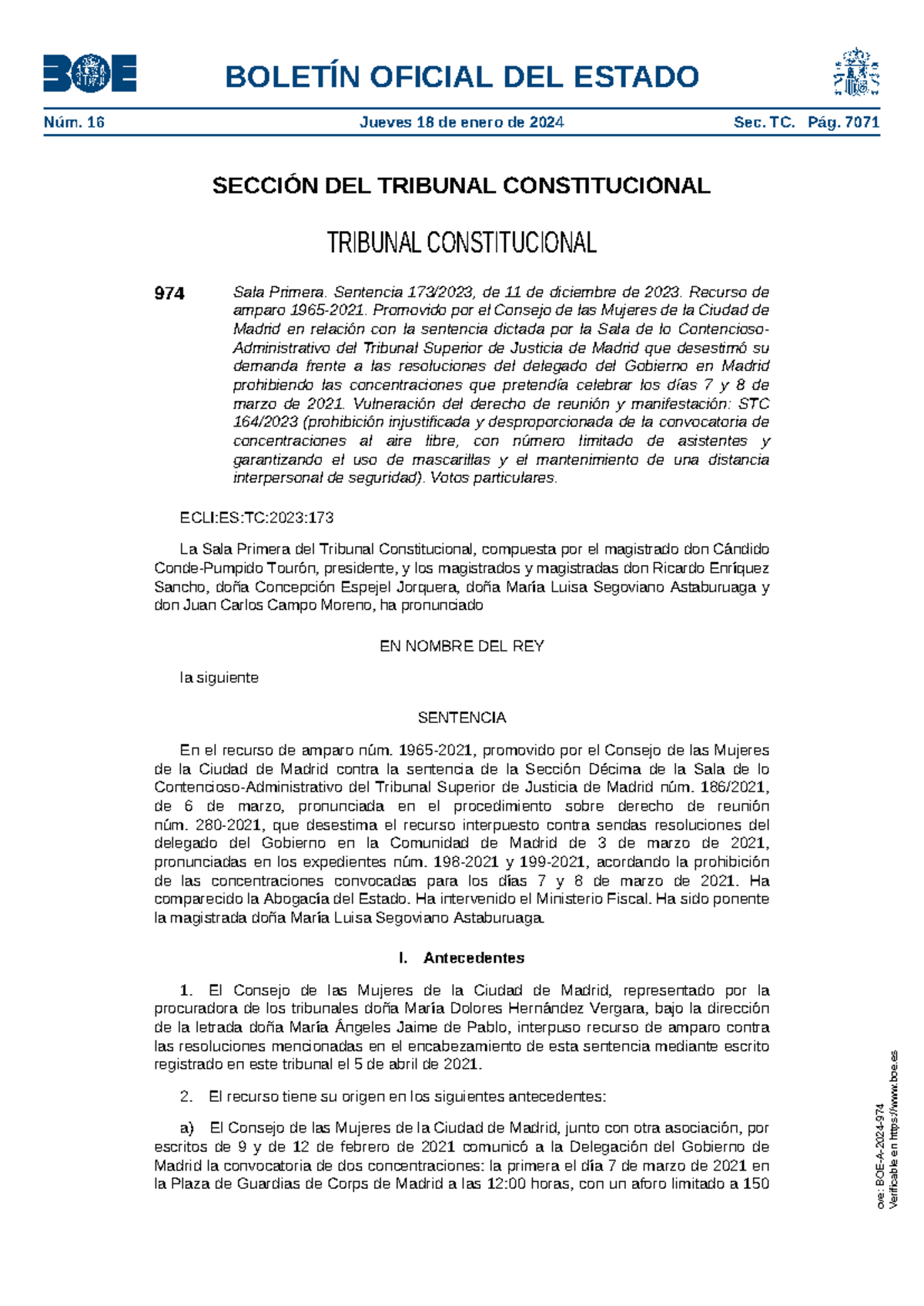BOE-A-2024-974 - Boe sentencia constitucional - SECCIÓN DEL TRIBUNAL