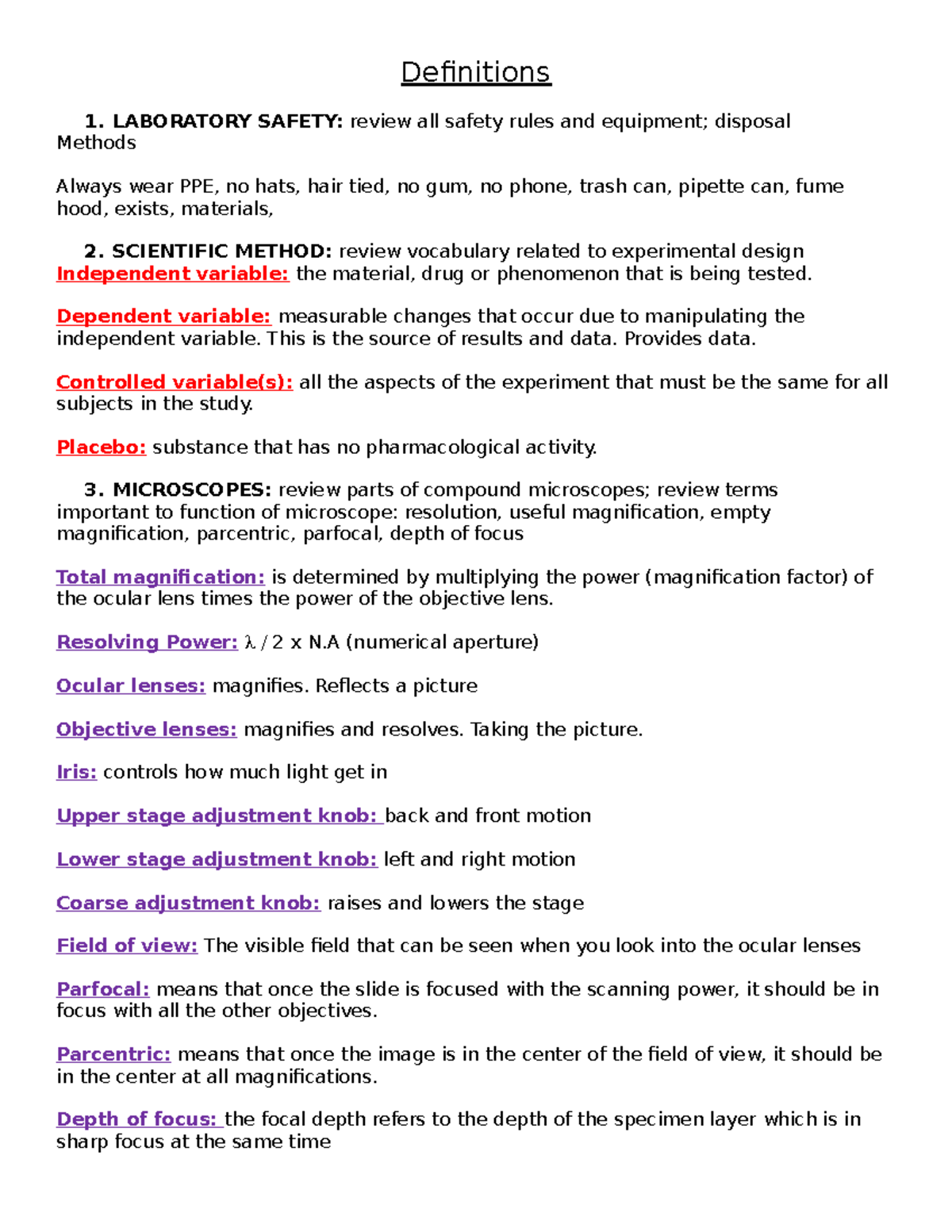 Lab Review Definitions 1. LABORATORY SAFETY review all safety rules