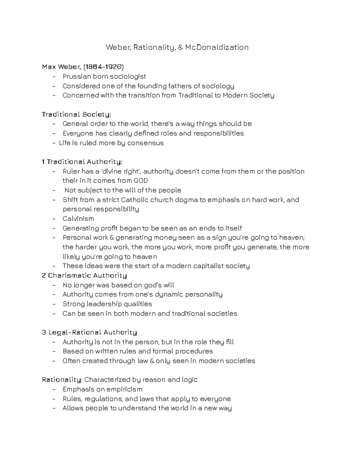 8/30 lecture notes - Weber, Rationality, & McDonaldization Max Weber ...