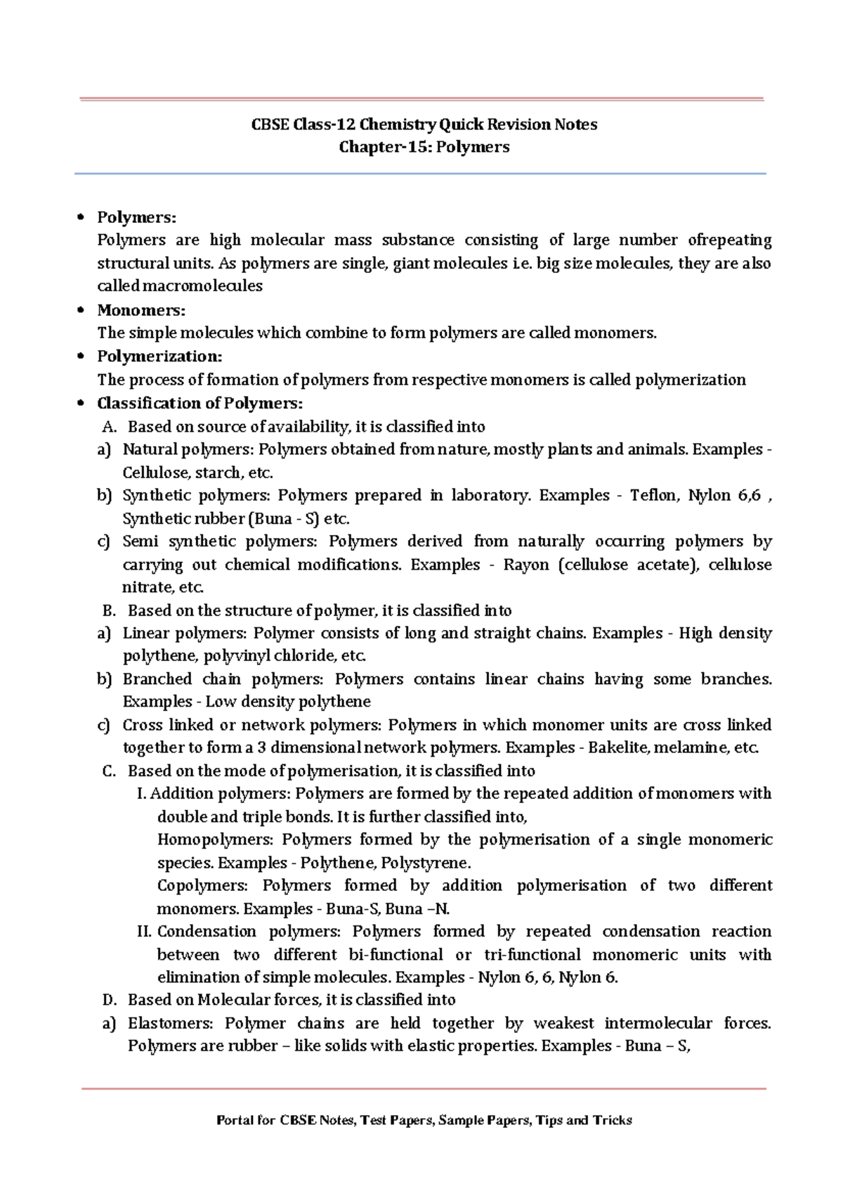 Polymers - CBSE Class-12 Chemistry Quick Revision Notes Chapter-15 ...