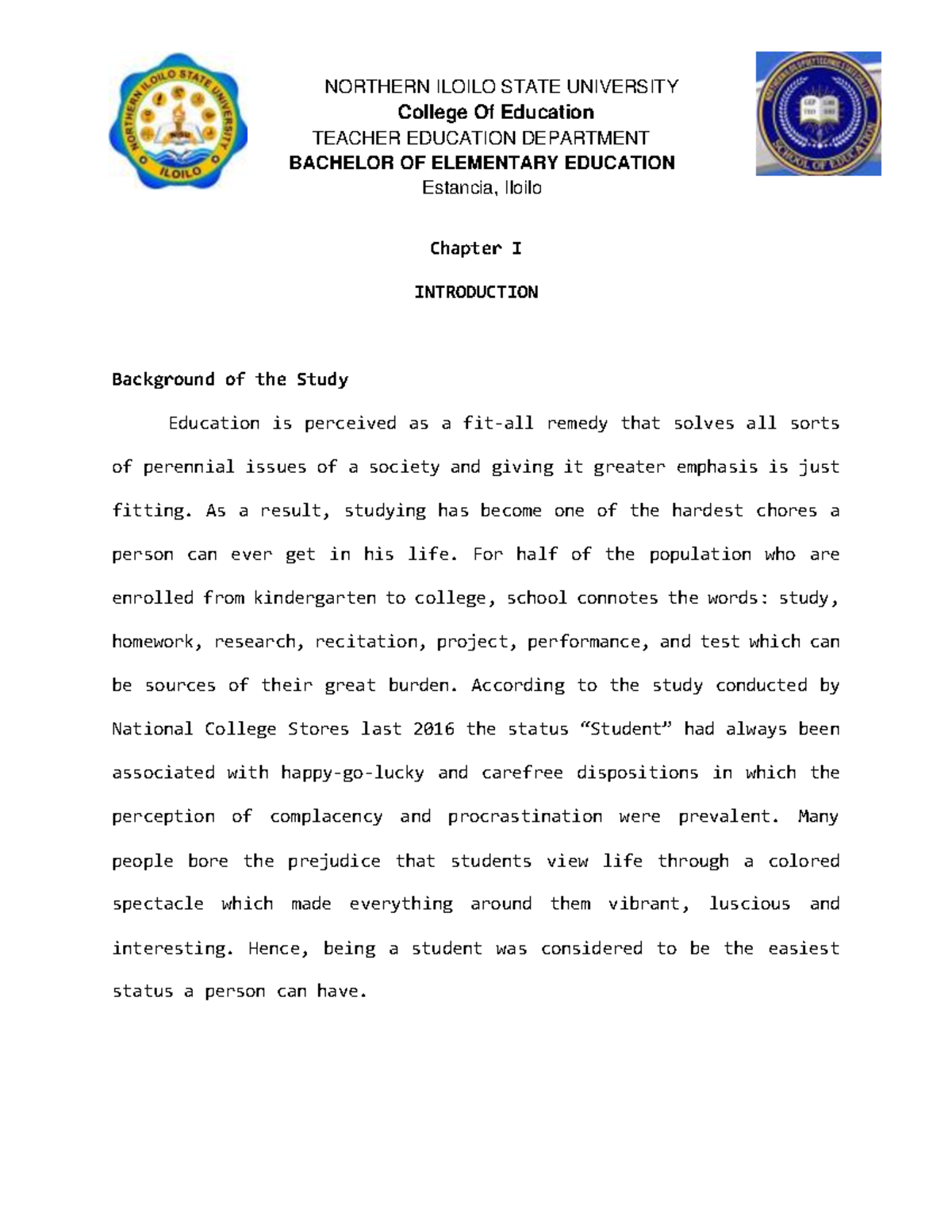 Chapter 1 - College Of Education TEACHER EDUCATION DEPARTMENT BACHELOR ...