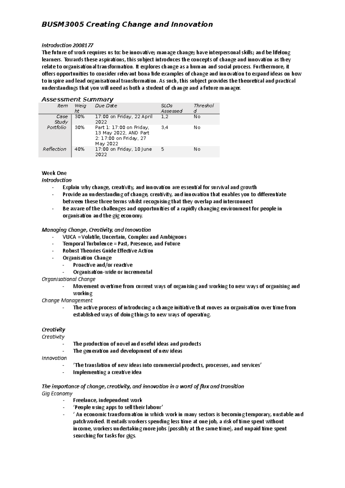 Creating Change and Innovation Notes - BUSM3005 Creating Change and ...