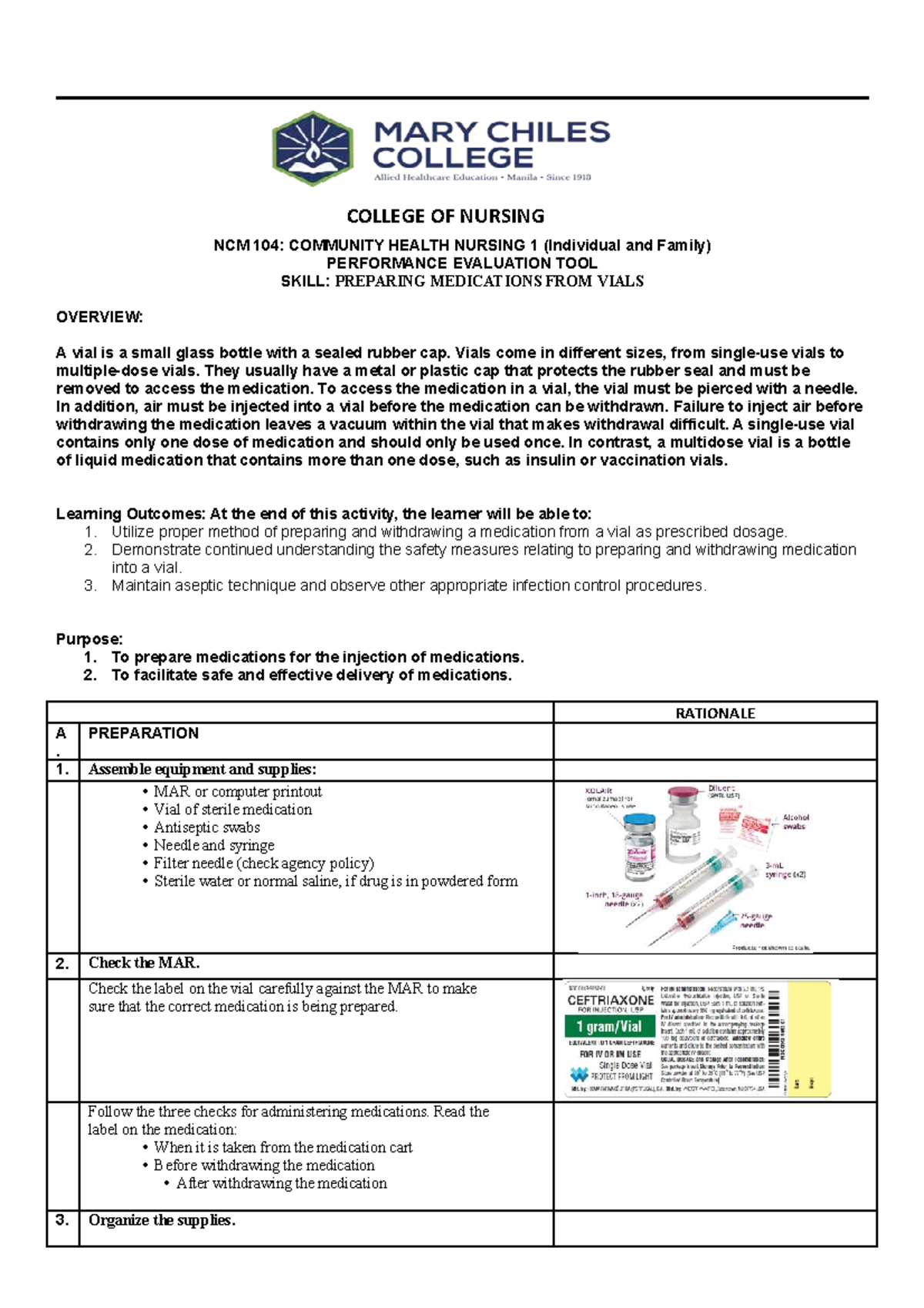 Skills DEMO Preparing Meds from Vials e Learning NCM 104 COMMUNITY