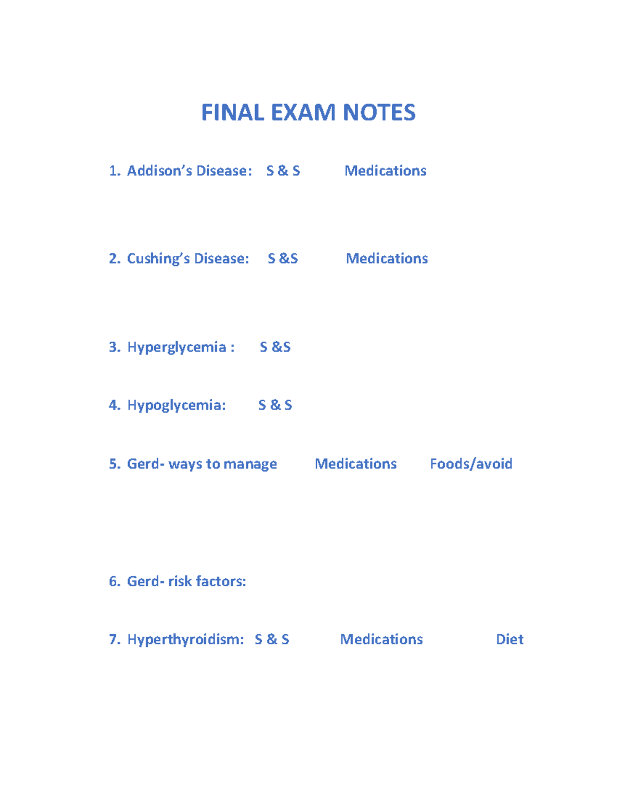 Final Exam Study Guide - FINAL EXAM NOTES Addison’s Disease: S & S ...