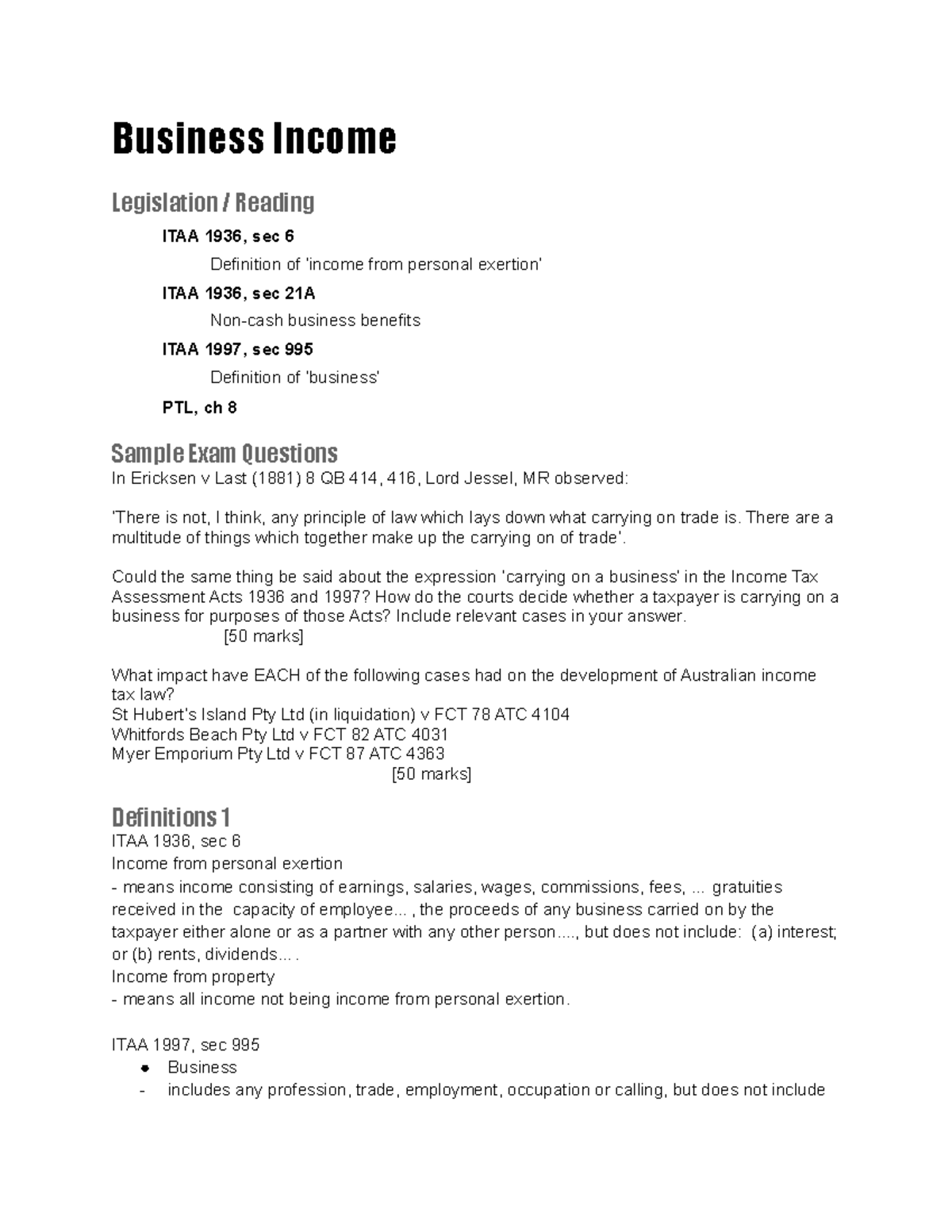 Business Income Taxation Business Income Legislation Reading ITAA