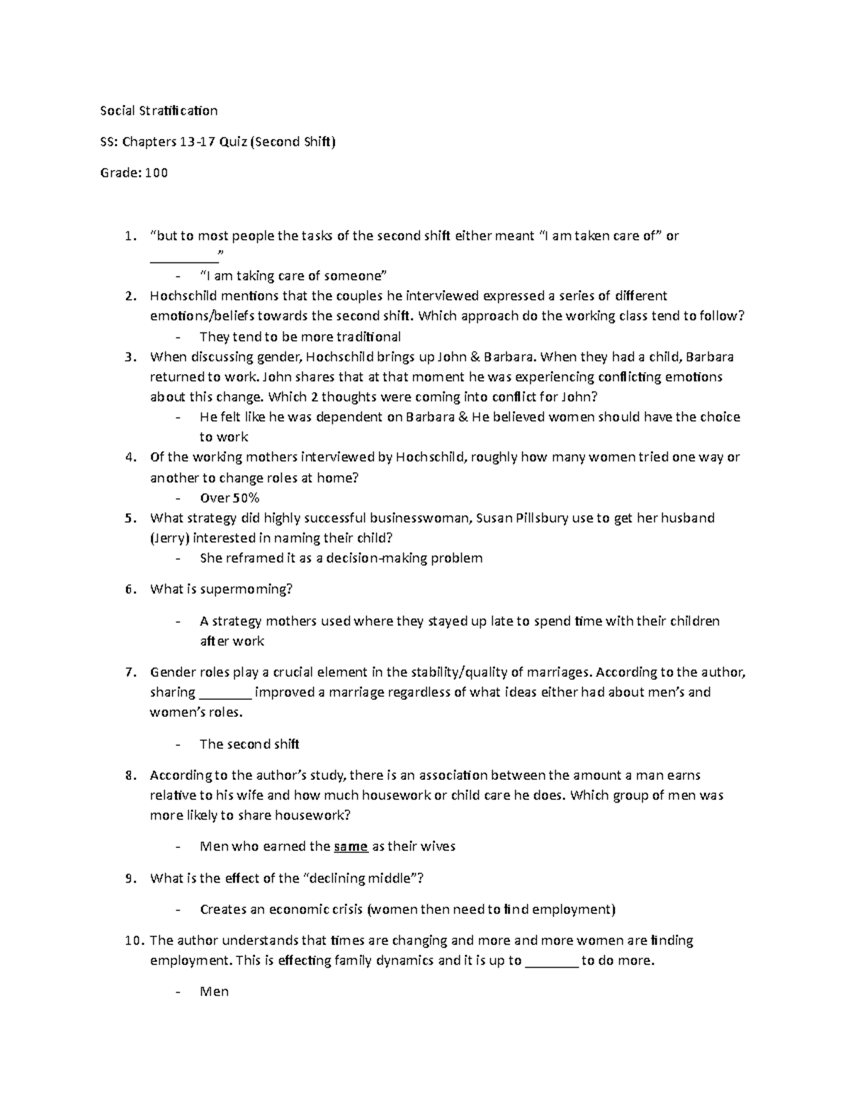 Social Stratification Second Shift Chapters 13-17 Quiz - Social ...