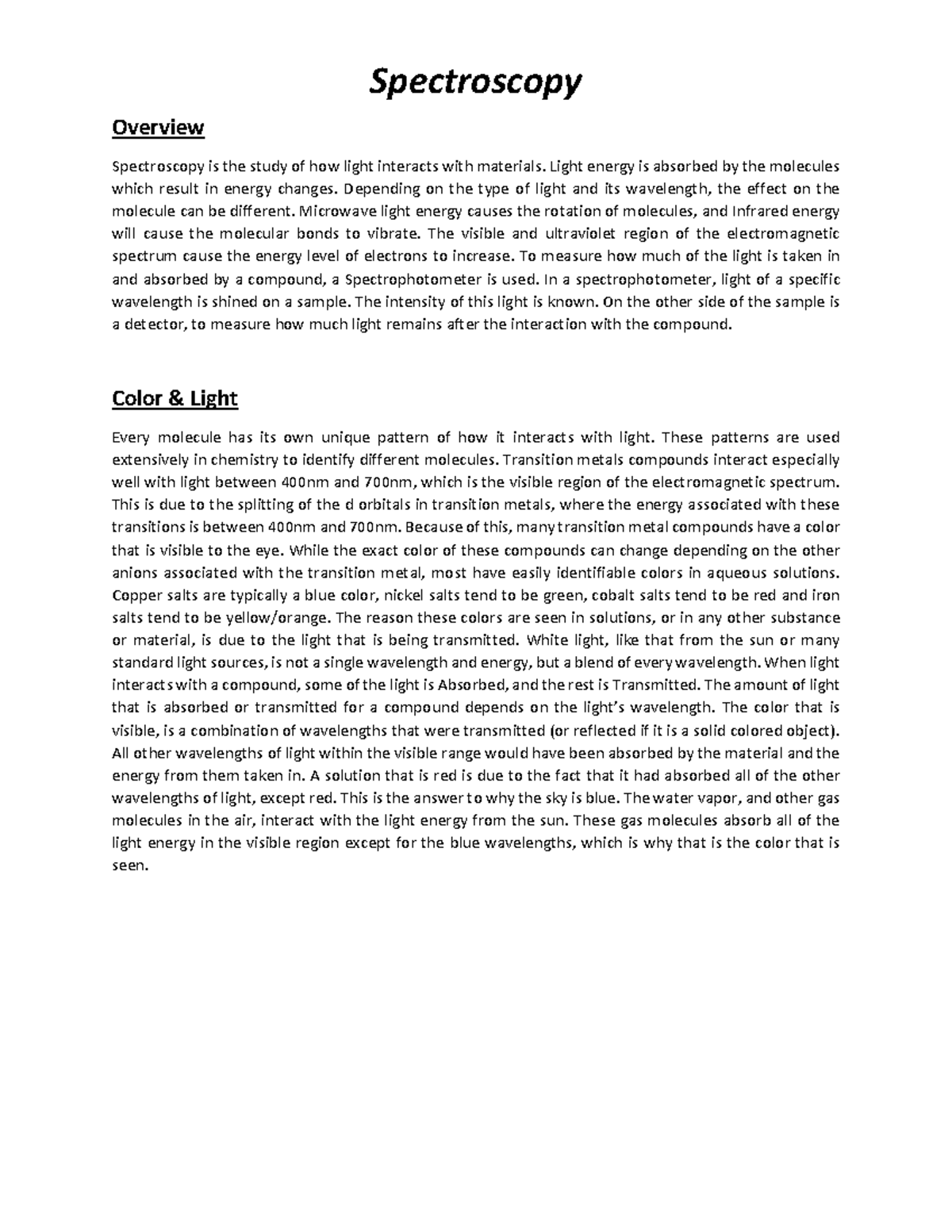 Spectroscopy Intro Spectroscopy Overview Spectroscopy is the study of