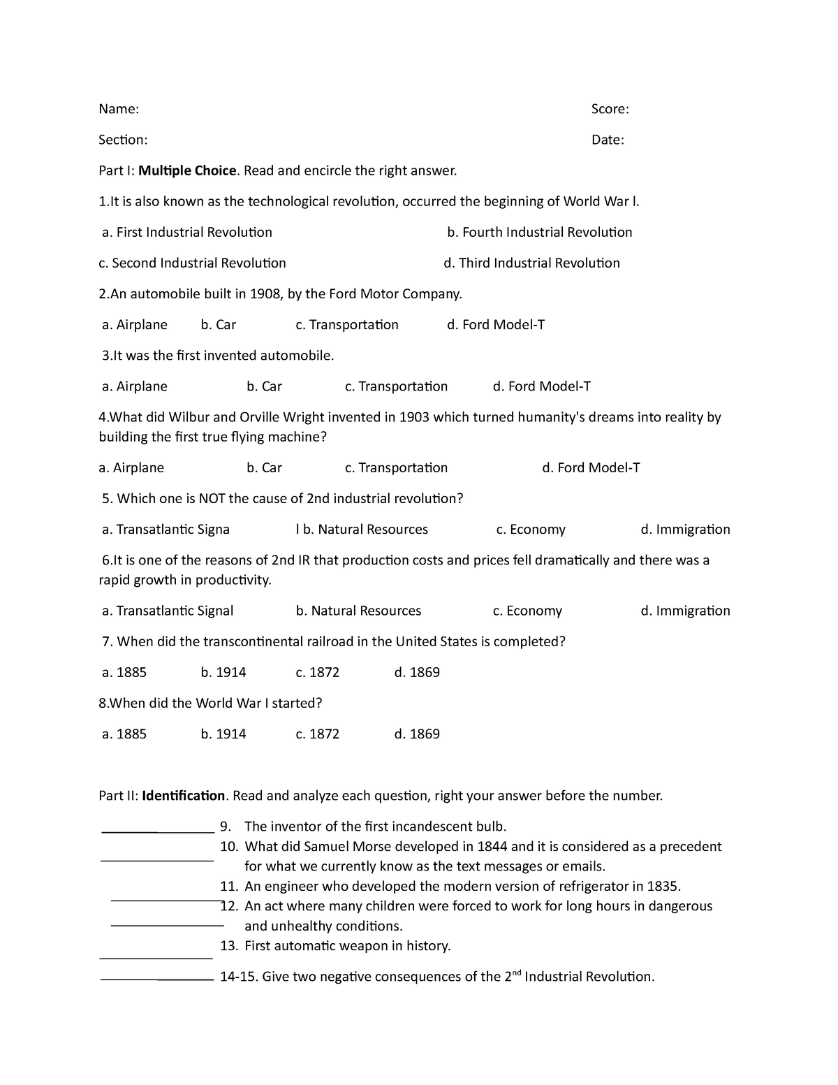 Quiz for 2nd IR - asdasda - Name: Score: Section: Date: Part I ...