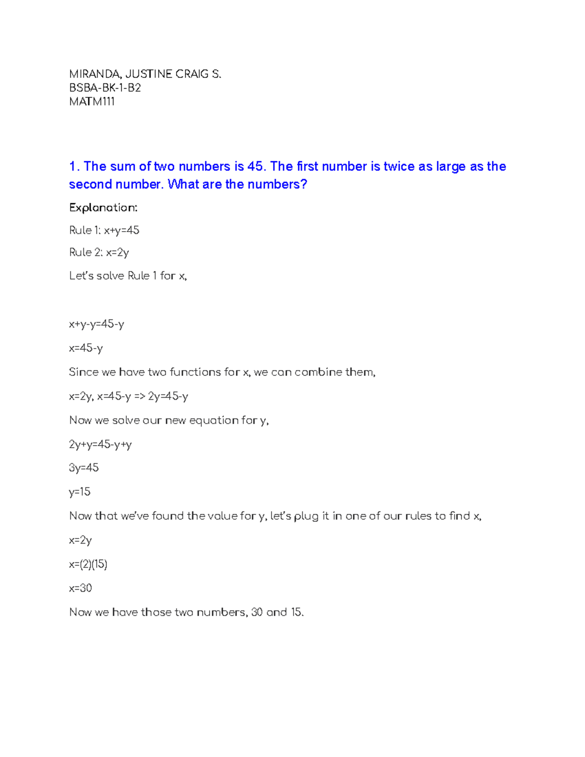 POLYA'STRATEGY OF PROBLEM SOLVING - MIRANDA, JUSTINE CRAIG S. BSBA-BK-1 ...