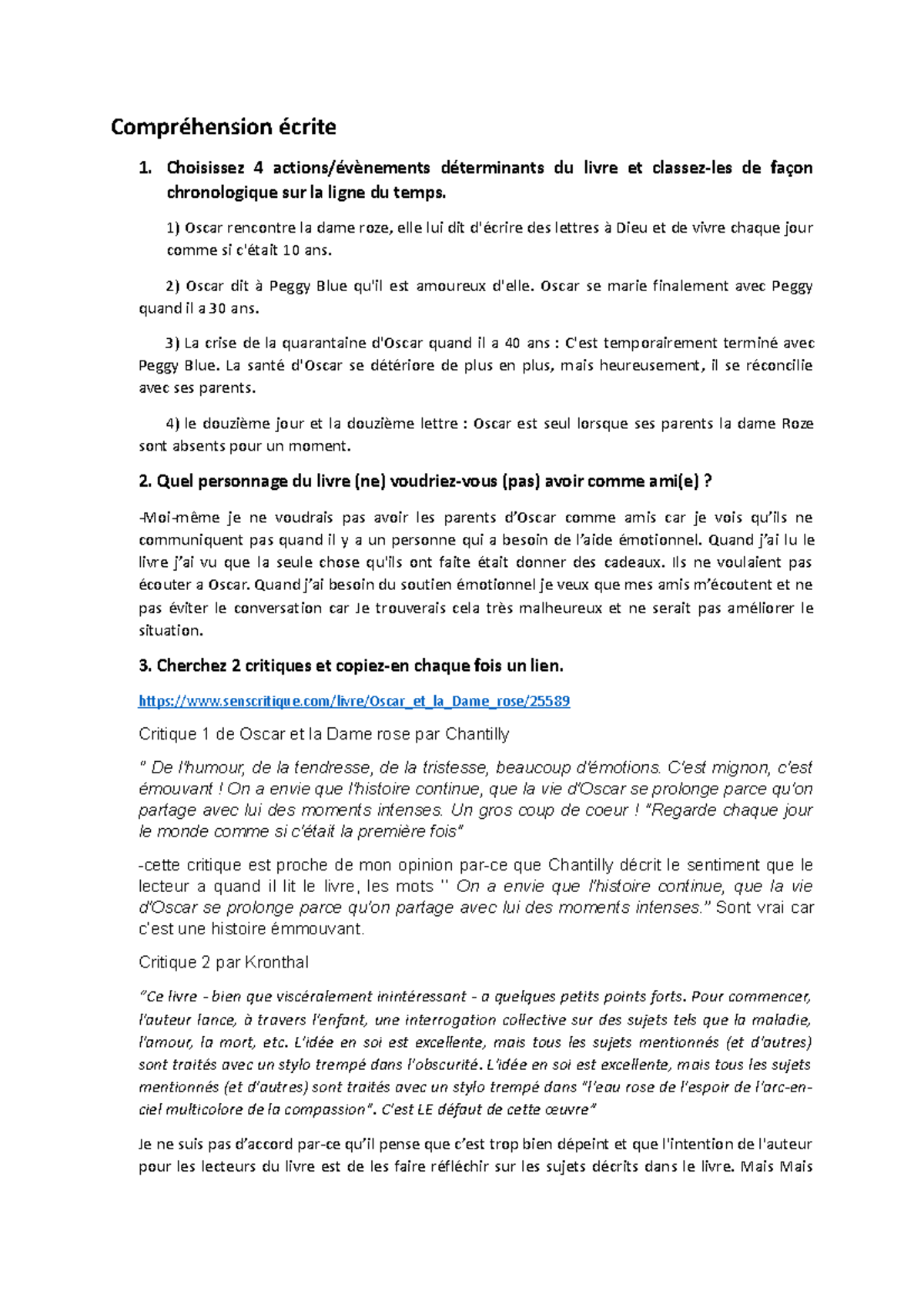 Compréhension écrite - Choisissez 4 actions/évènements déterminants du ...