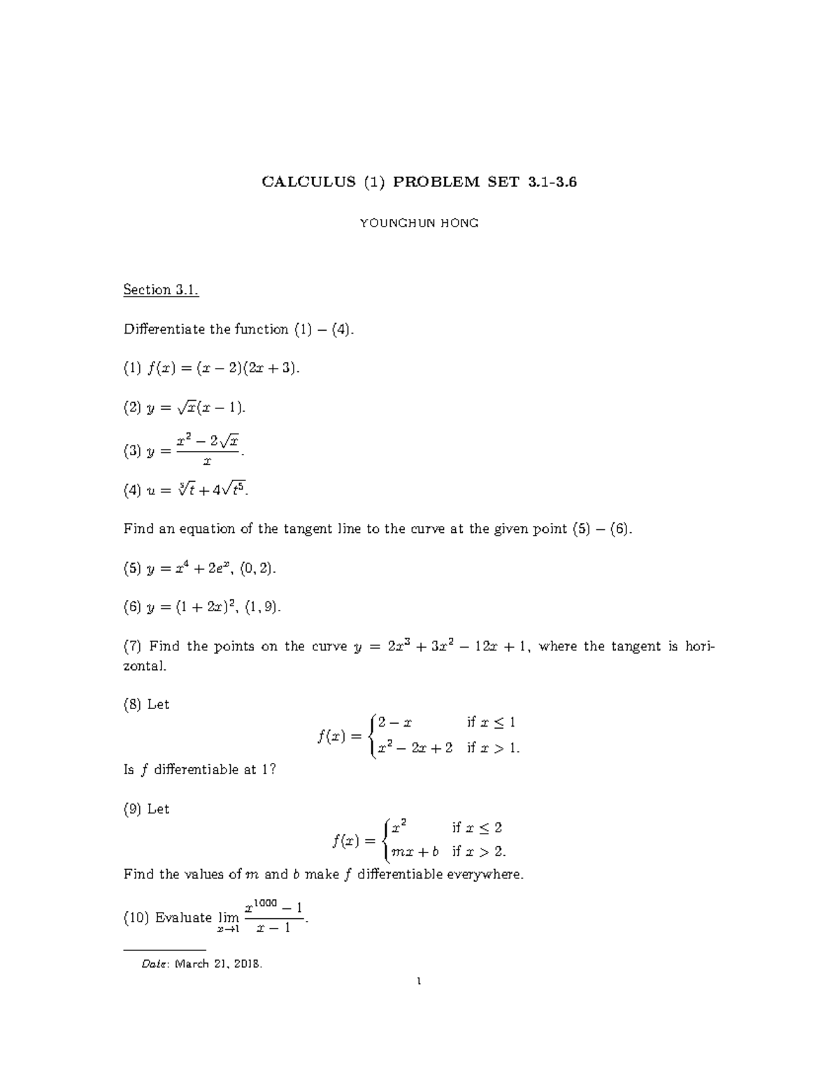 Calculus (1) Problem Set (3 - CALCULUS (1) PROBLEM SET 3-3. YOUNGHUN ...