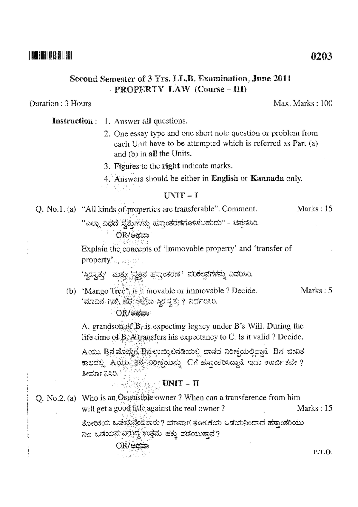 Question Paper Of Property Law June 2011 - Kslu - Studocu