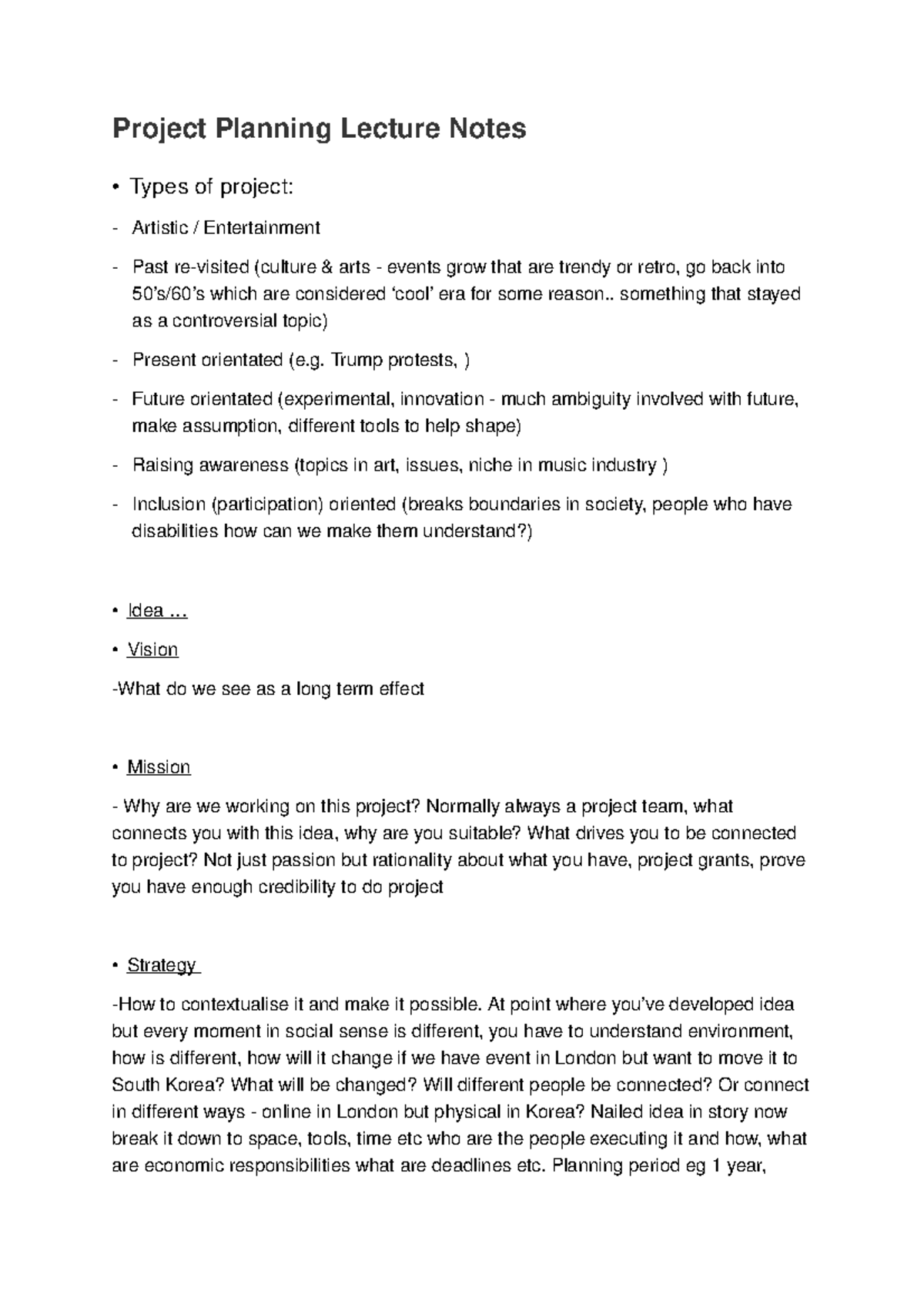 Project Planning Lecture notes 1 Project Planning Lecture Notes