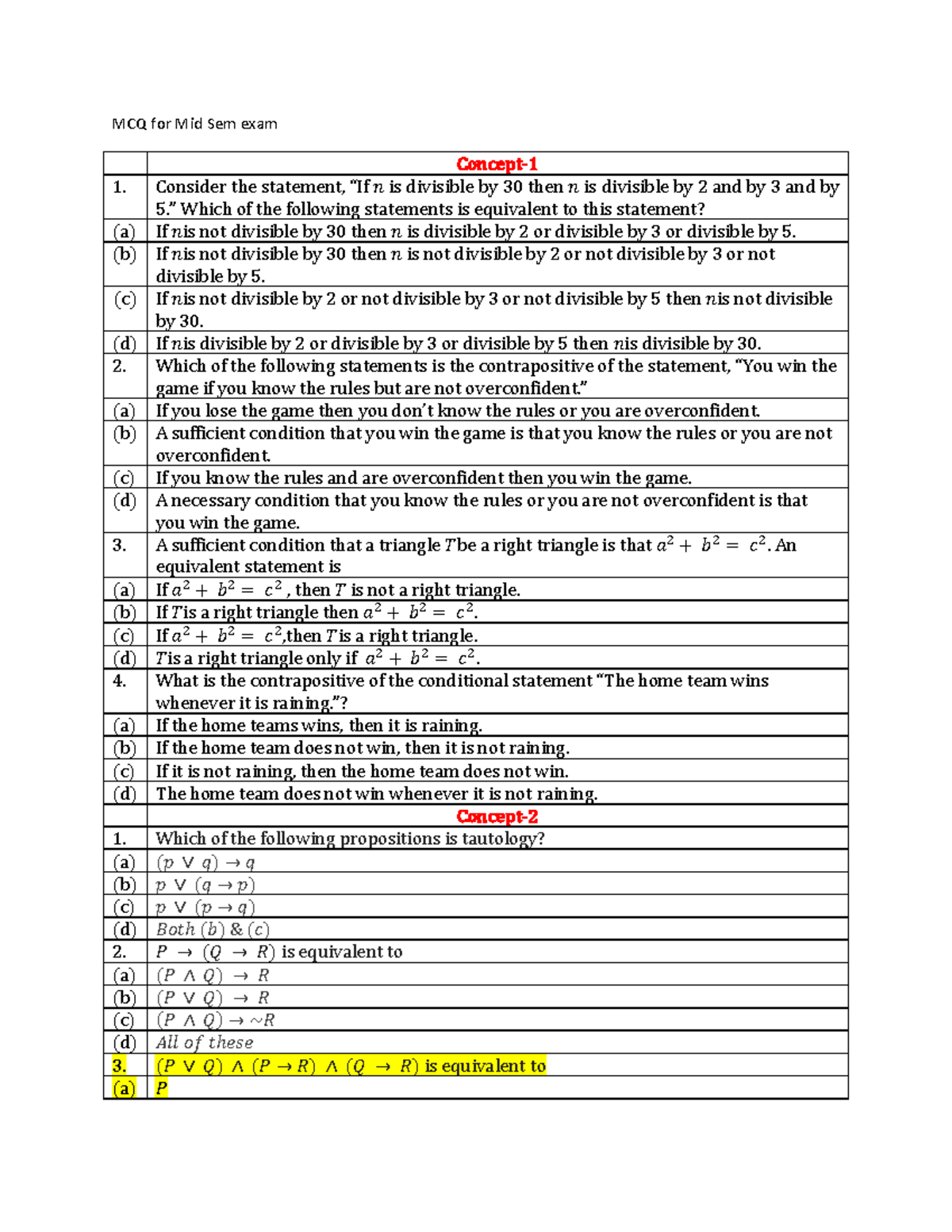 Midsem MCQ 2020 Solution - MCQ for Mid Sem exam Concept- 1 Consider the ...