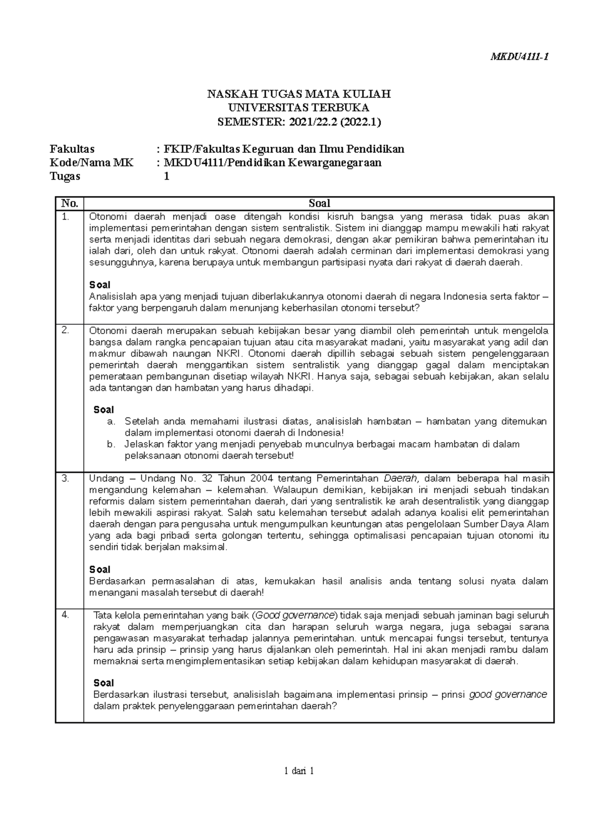 Pendidikan Kewarganegaraan Tugas 1 - MKDU4111- NASKAH TUGAS MATA KULIAH ...