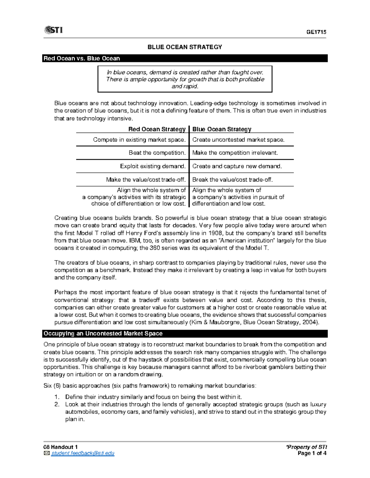 08 Handout 1 - 08 Handout 1 *Property of STI BLUE OCEAN STRATEGY Red ...