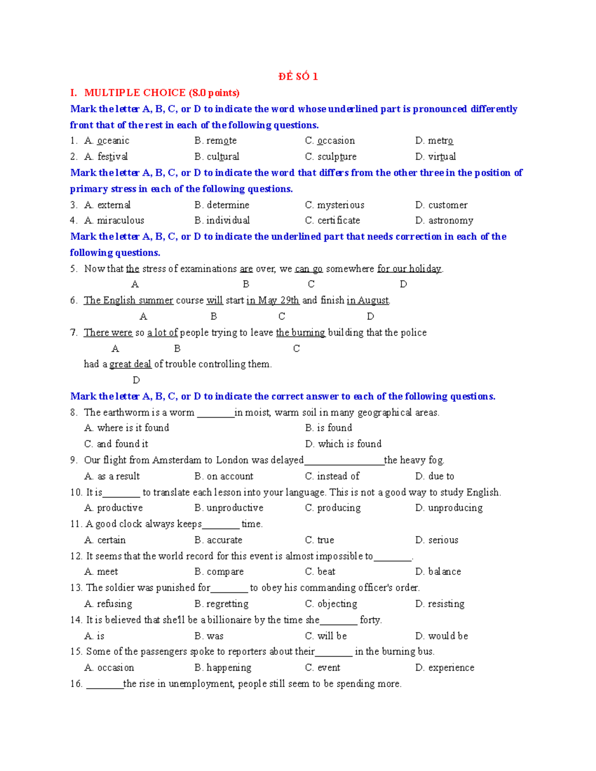  s 1 n thi v o 10 s 1 i multiple choice 8 points mark
