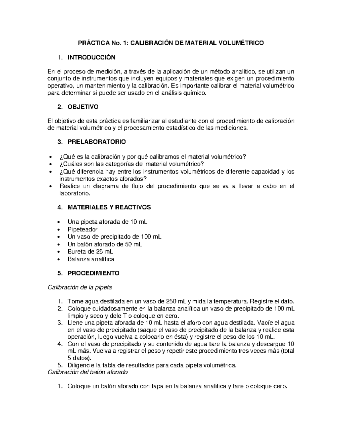 Guía calibración de material volumétrico PRÁCTICA No. 1 CALIBRACIÓN DE MATERIAL VOLUMÉTRICO
