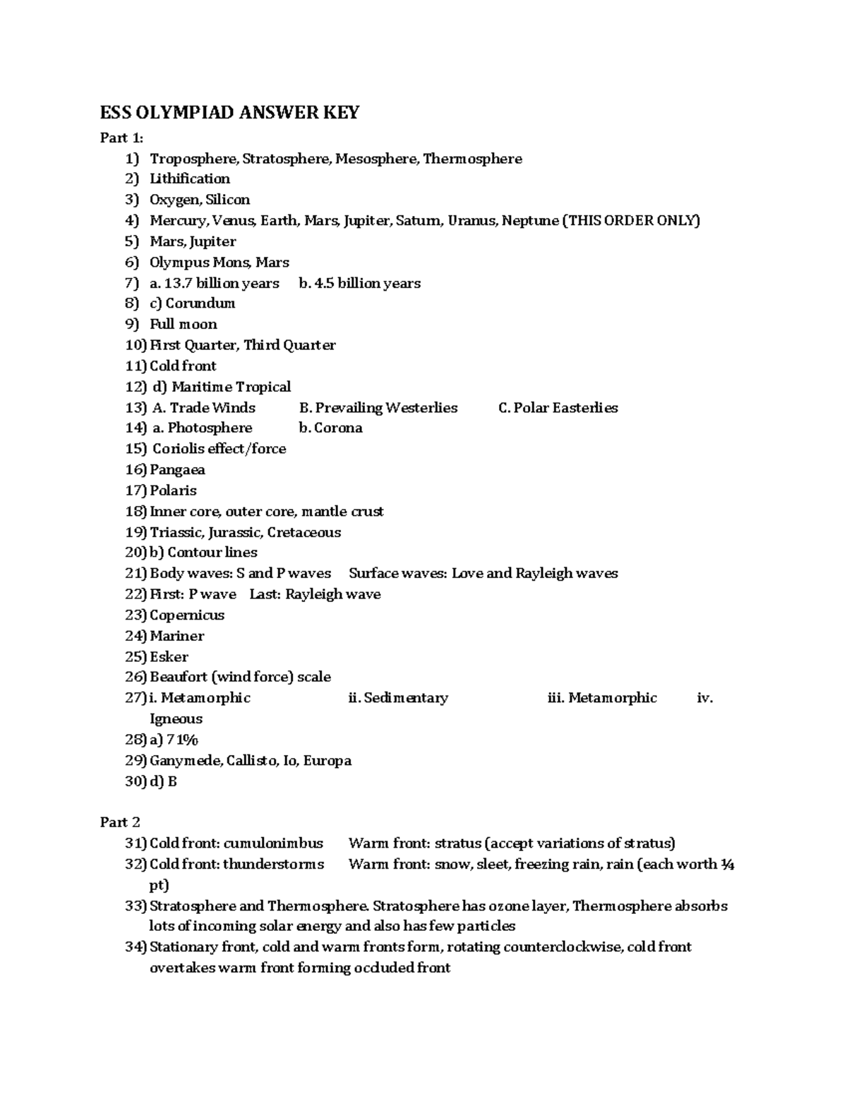 SCIENCE BOWL PRACTICE QUESTIONS ESS OLYMPIAD ANSWER KEY Part 1 1