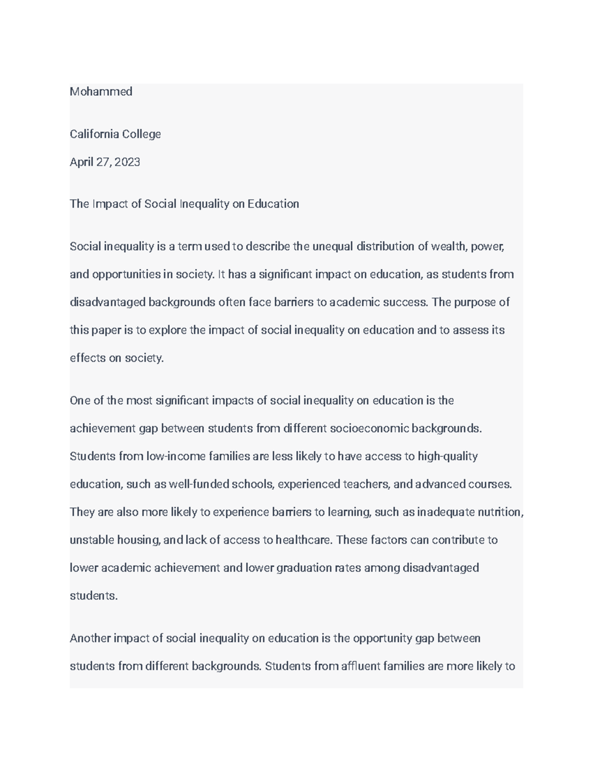 The Impact of Social Inequality on Education Mohammed California