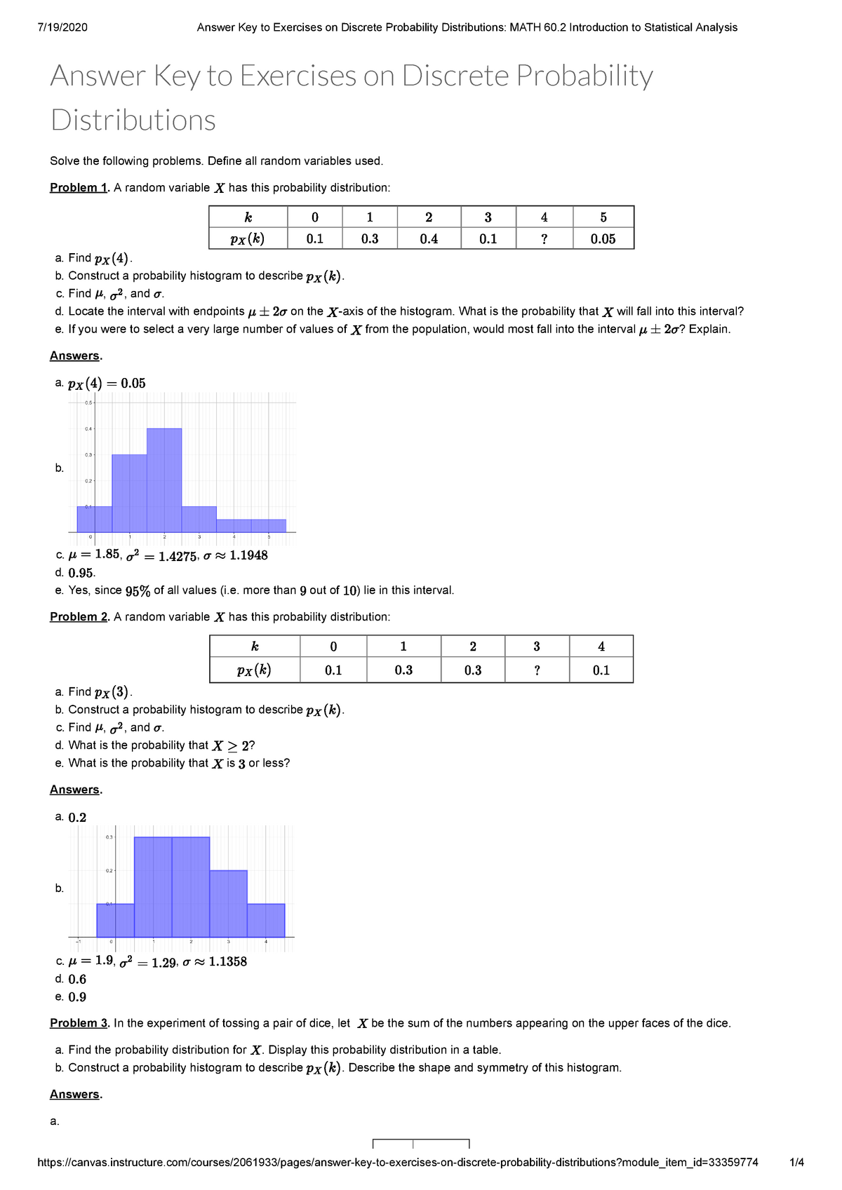 Exercises On Discrete Probability Distributions MATH 60.2 Introduction ...