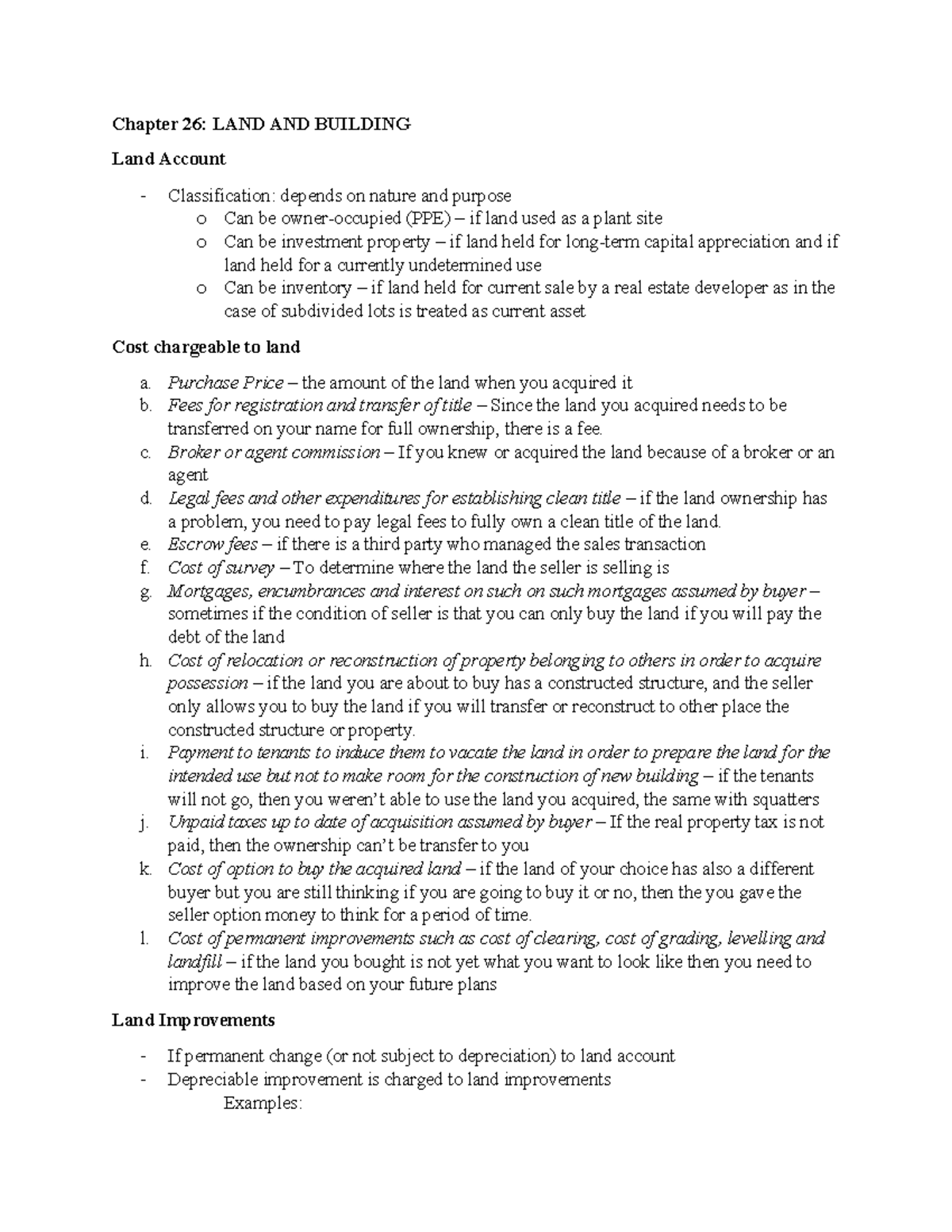 Chapter 26 LAND AND Building Chapter 26 LAND AND BUILDING Land Account Classification
