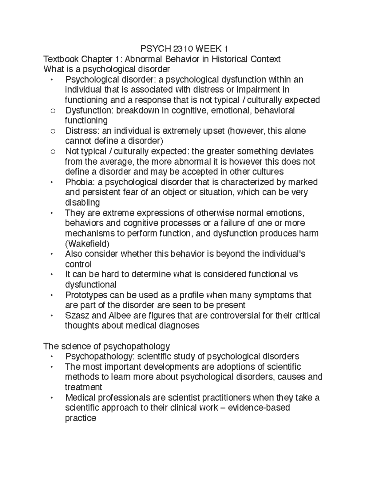 Psych 2310 WEEK1 - PSYCH 2310 WEEK 1 Textbook Chapter 1: Abnormal ...