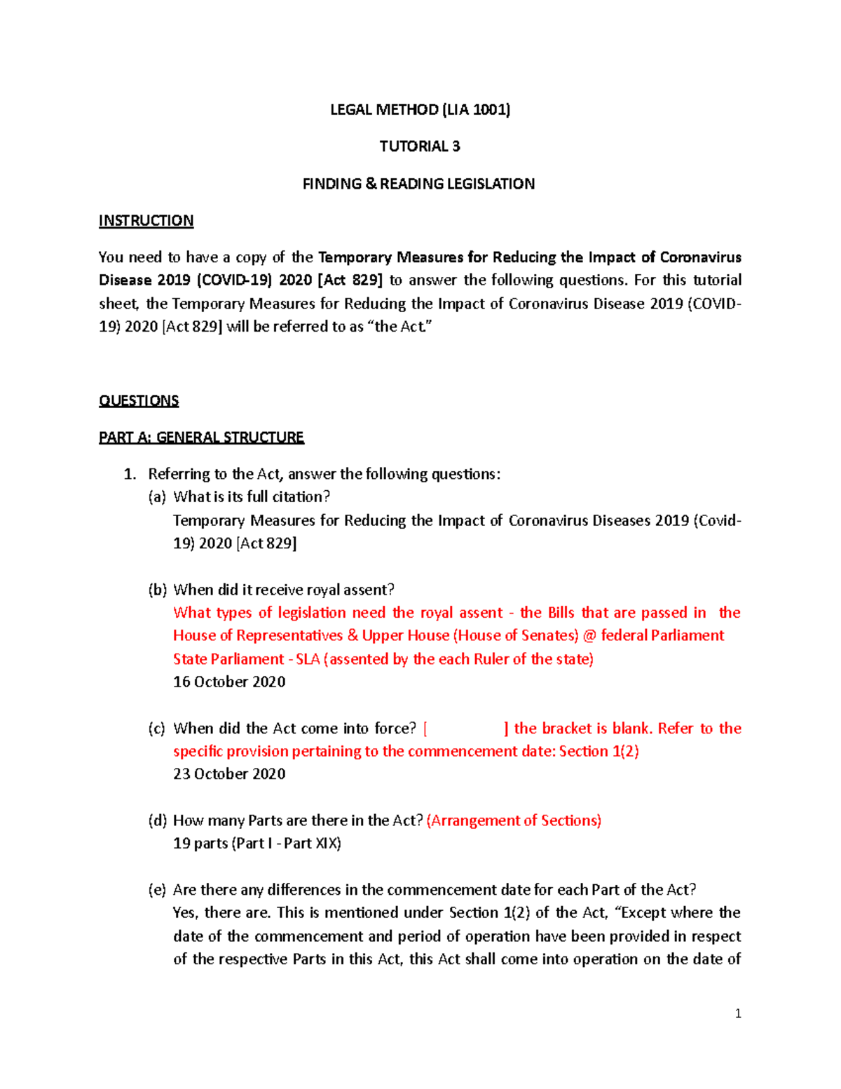 Tutorial 3 Finding and Reading Legislation - LEGAL METHOD (LIA 1001 ...