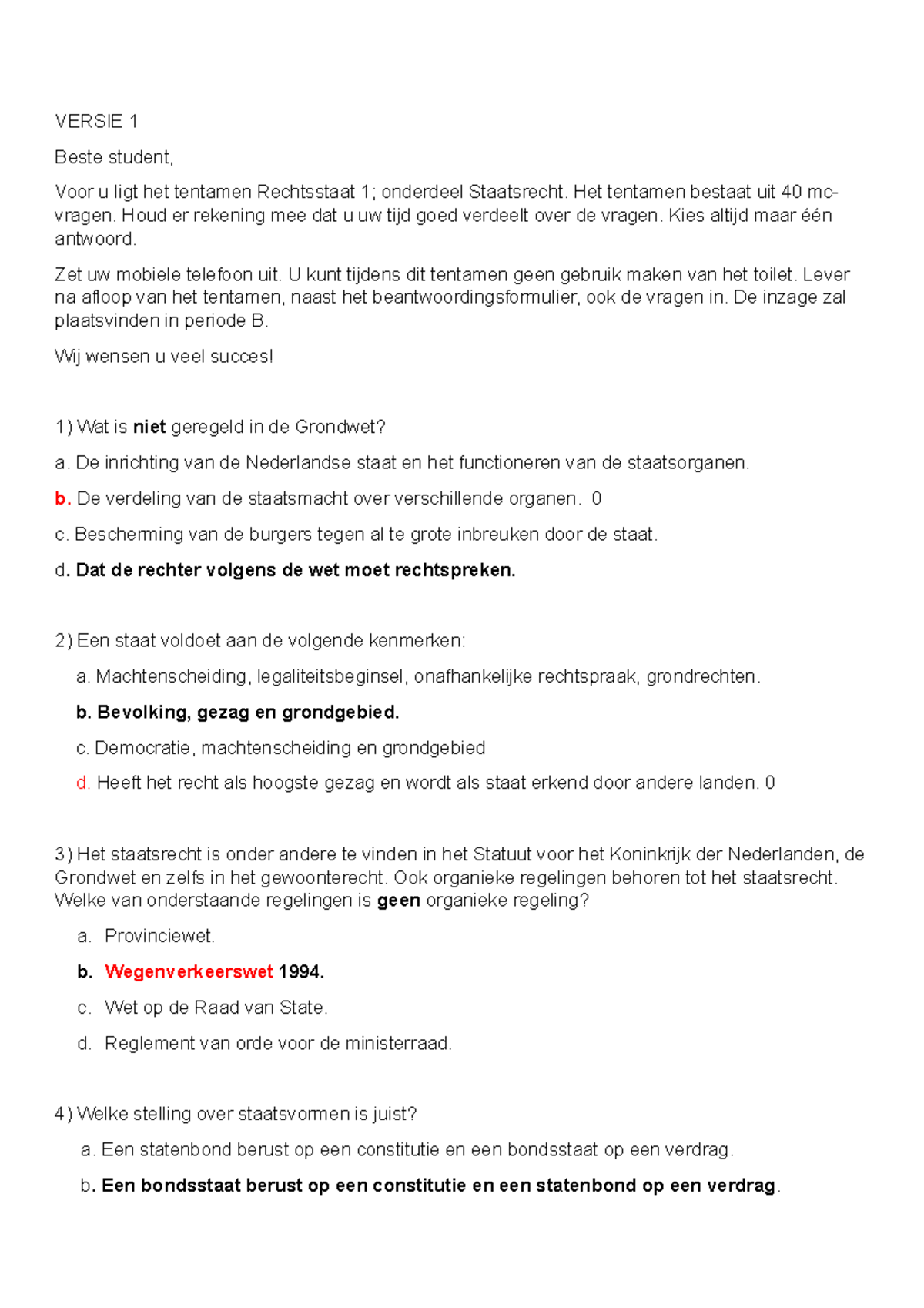 Staatsrecht 2019-2020 Oefententamen - VERSIE 1 Beste Student, Voor U ...