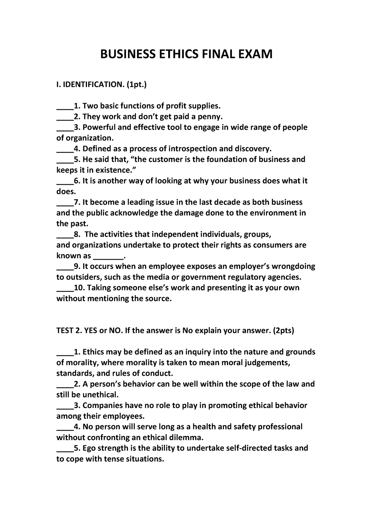 Business Ethics Final EXAM - BUSINESS ETHICS FINAL EXAM I ...