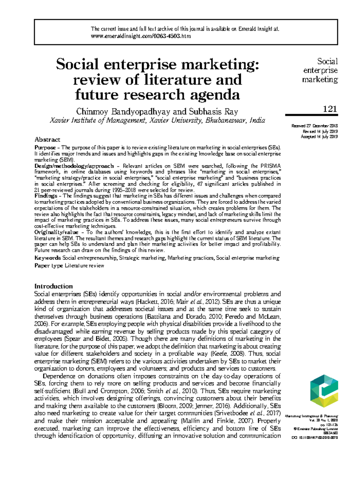 social enterprise marketing review of literature and future research agenda