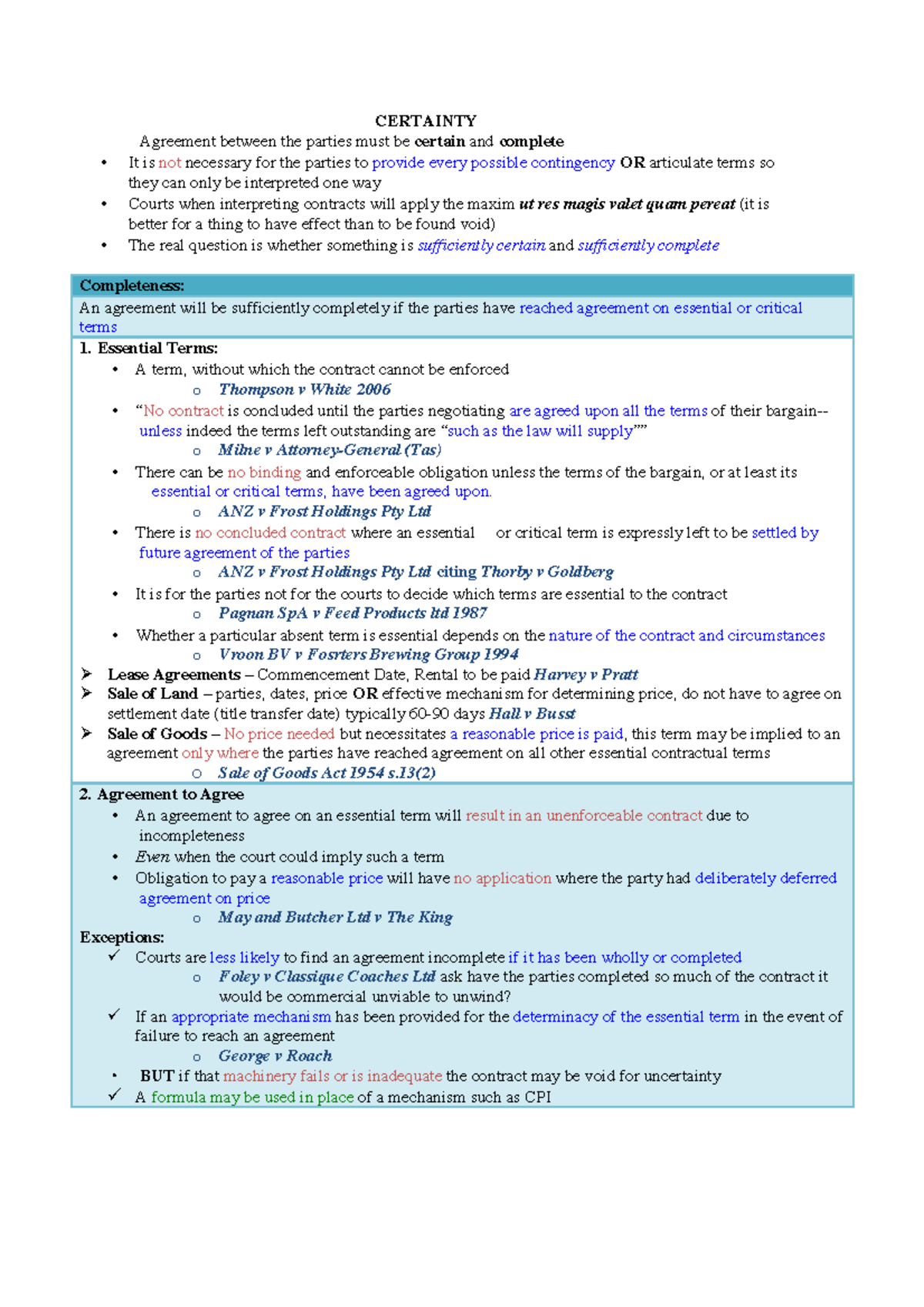 Certainty - contract law - CERTAINTY Agreement between the parties must ...