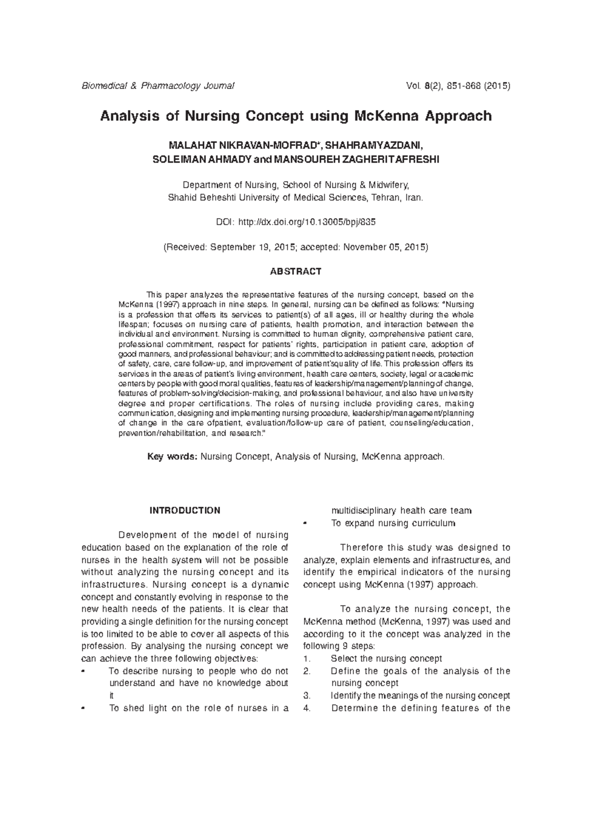 Sample Research Article on Analysis of Nursing Concept using Mc Kenna ...