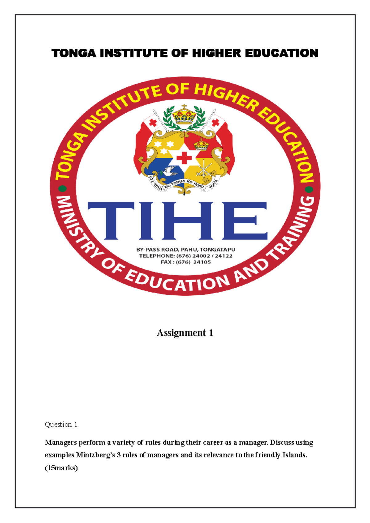 MG 101 Management Principles - TONGA INSTITUTE OF HIGHER EDUCATION ...